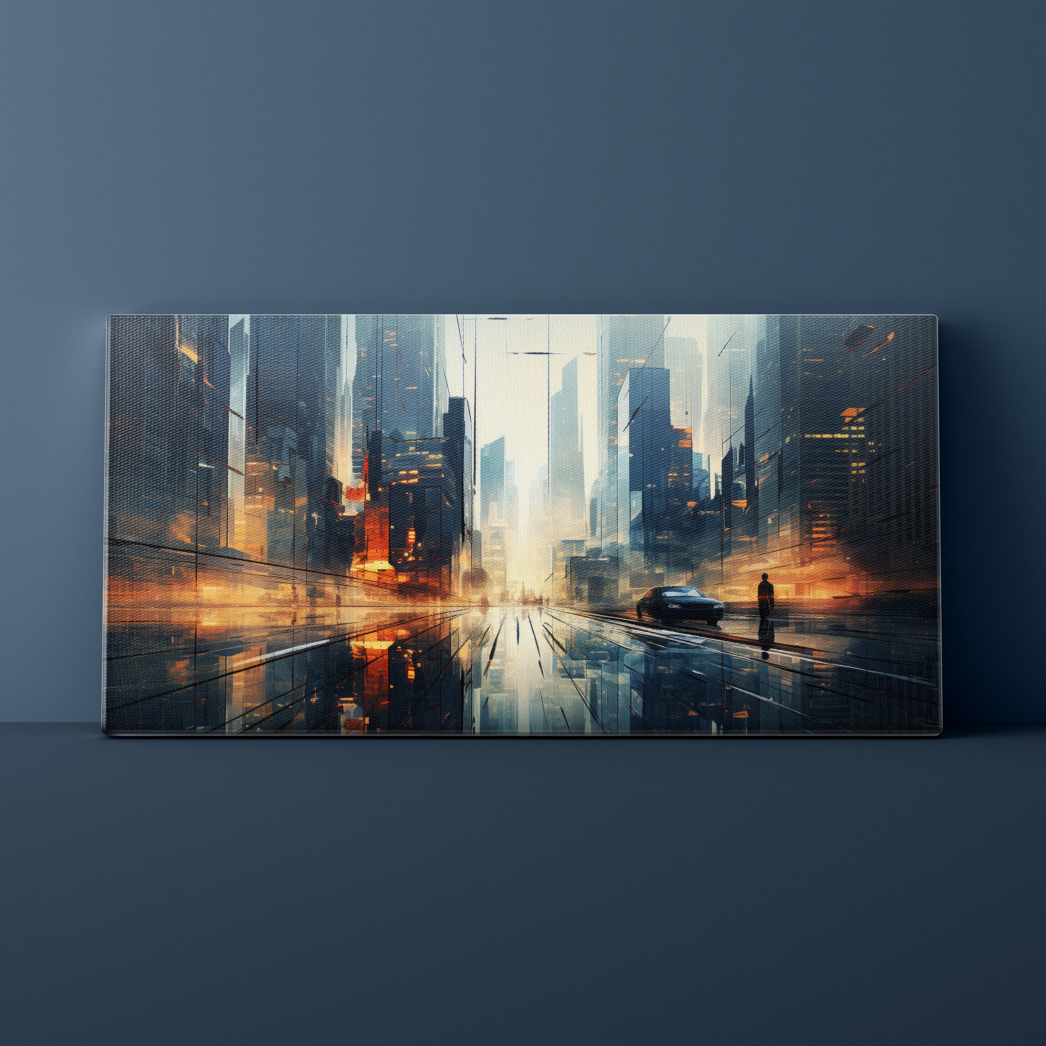 Futuristic cityscape painting on a dark blue wall