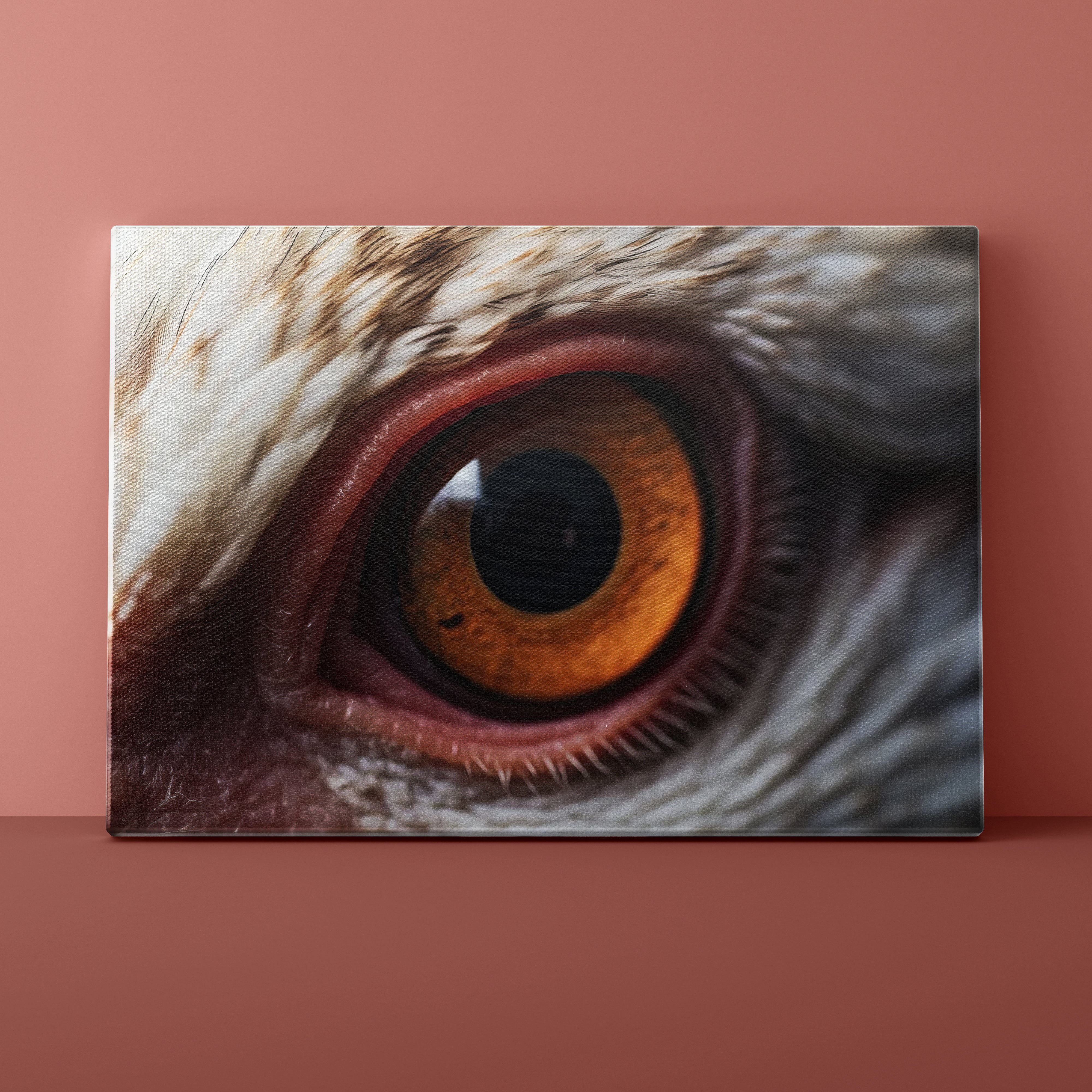 Close-up of an chicken's eye on a peach-colored background
