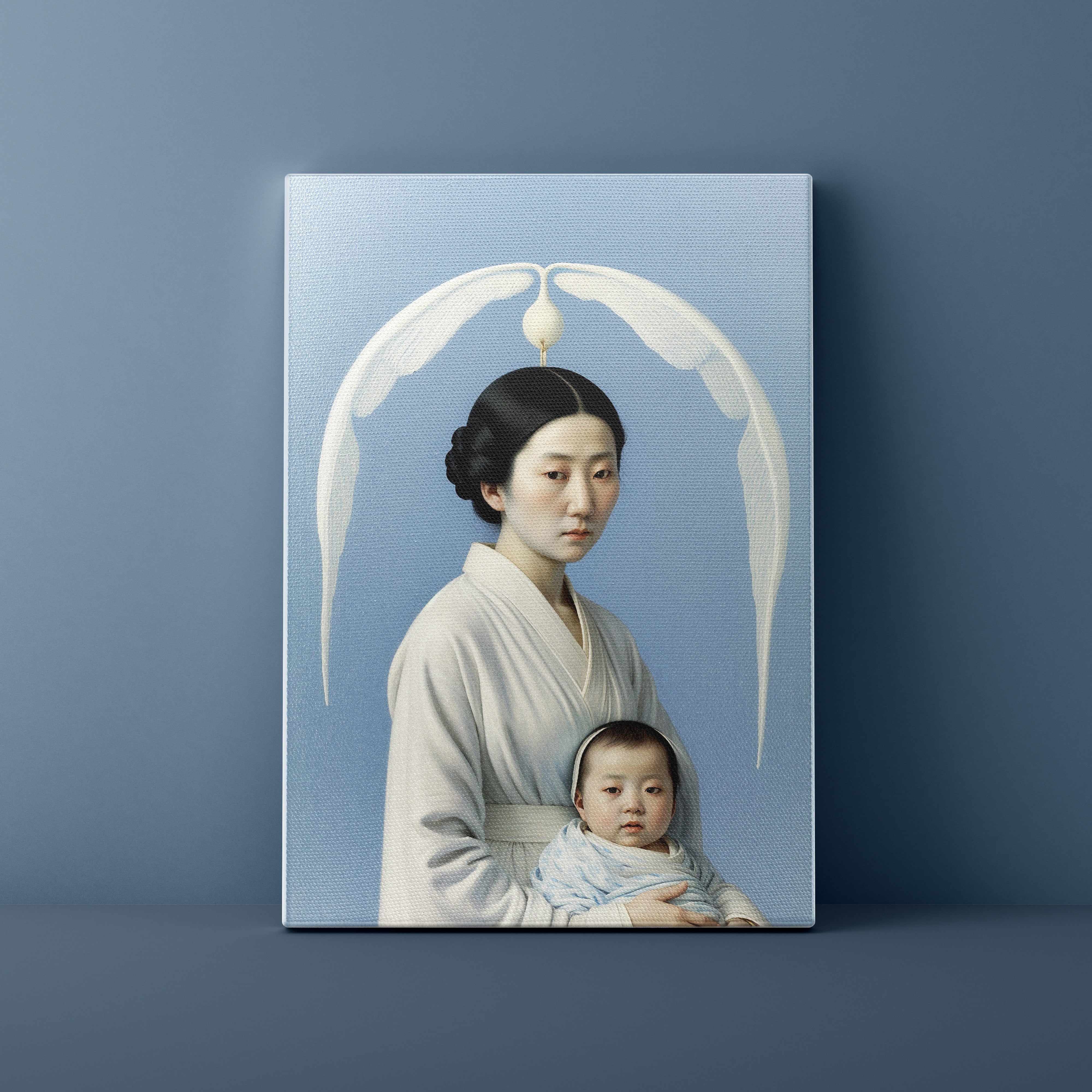 Canvas print of a woman holding a child against a blue background