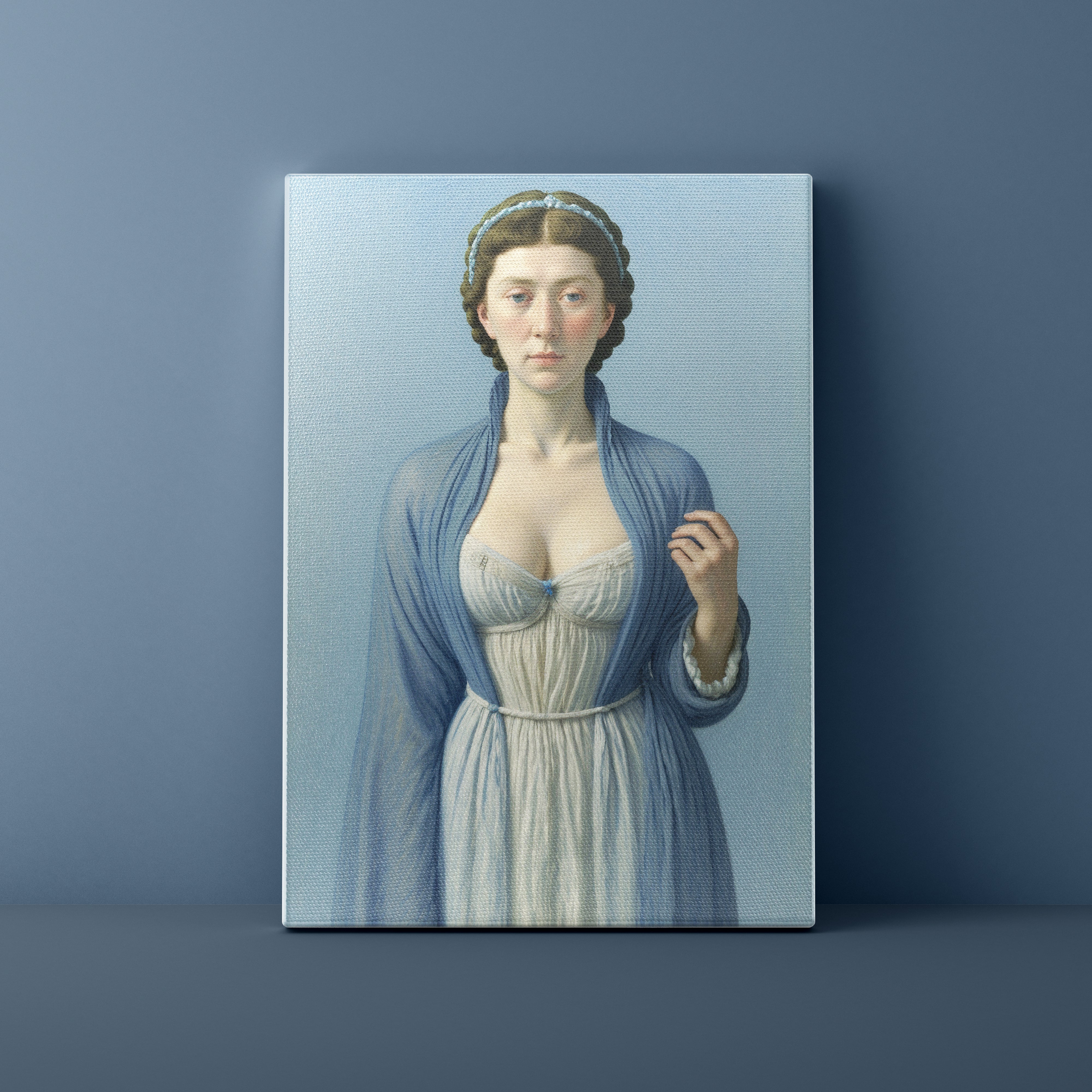 Canvas print of a woman in a blue dress against a blue background