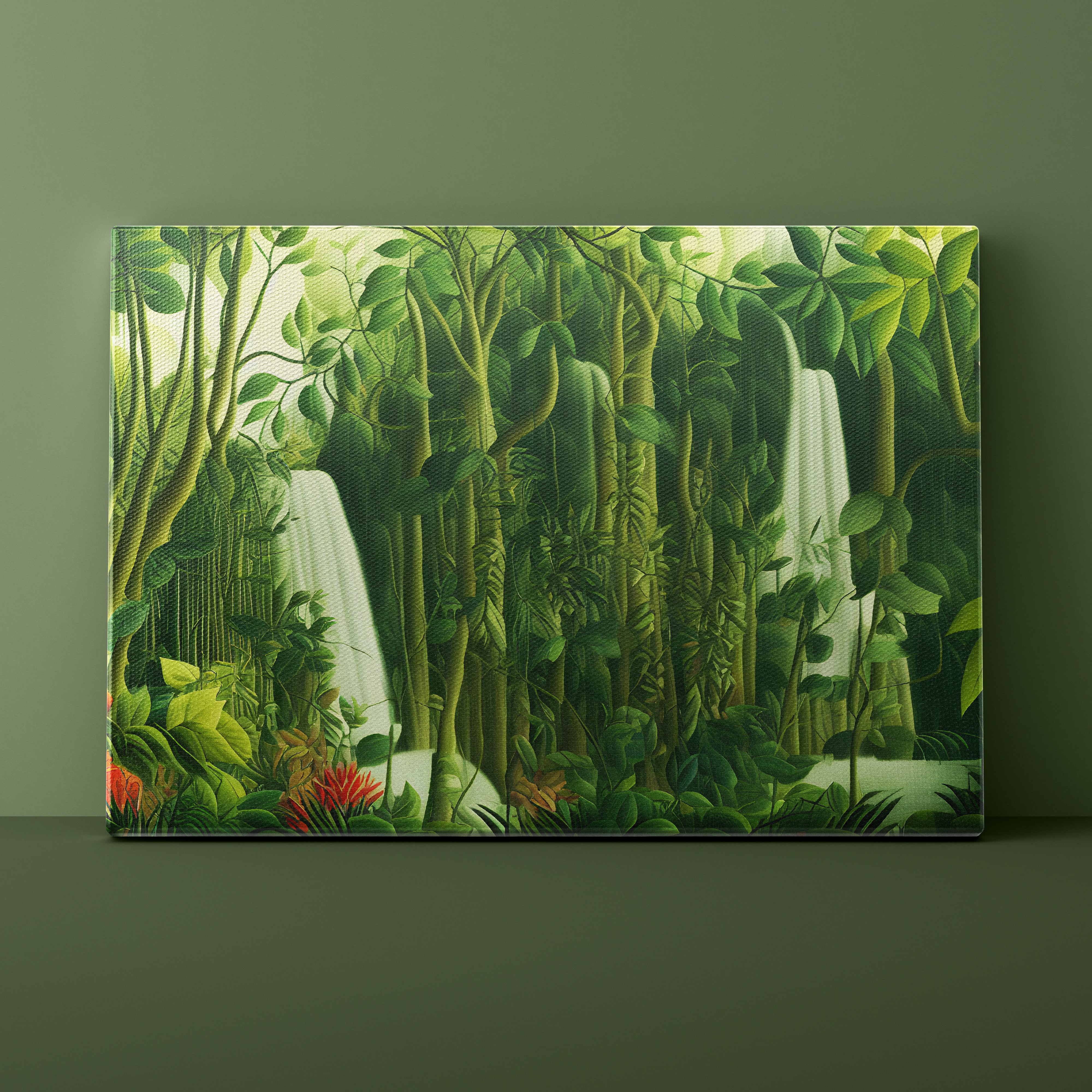 Illustration of a lush jungle with towering trees and a waterfall.