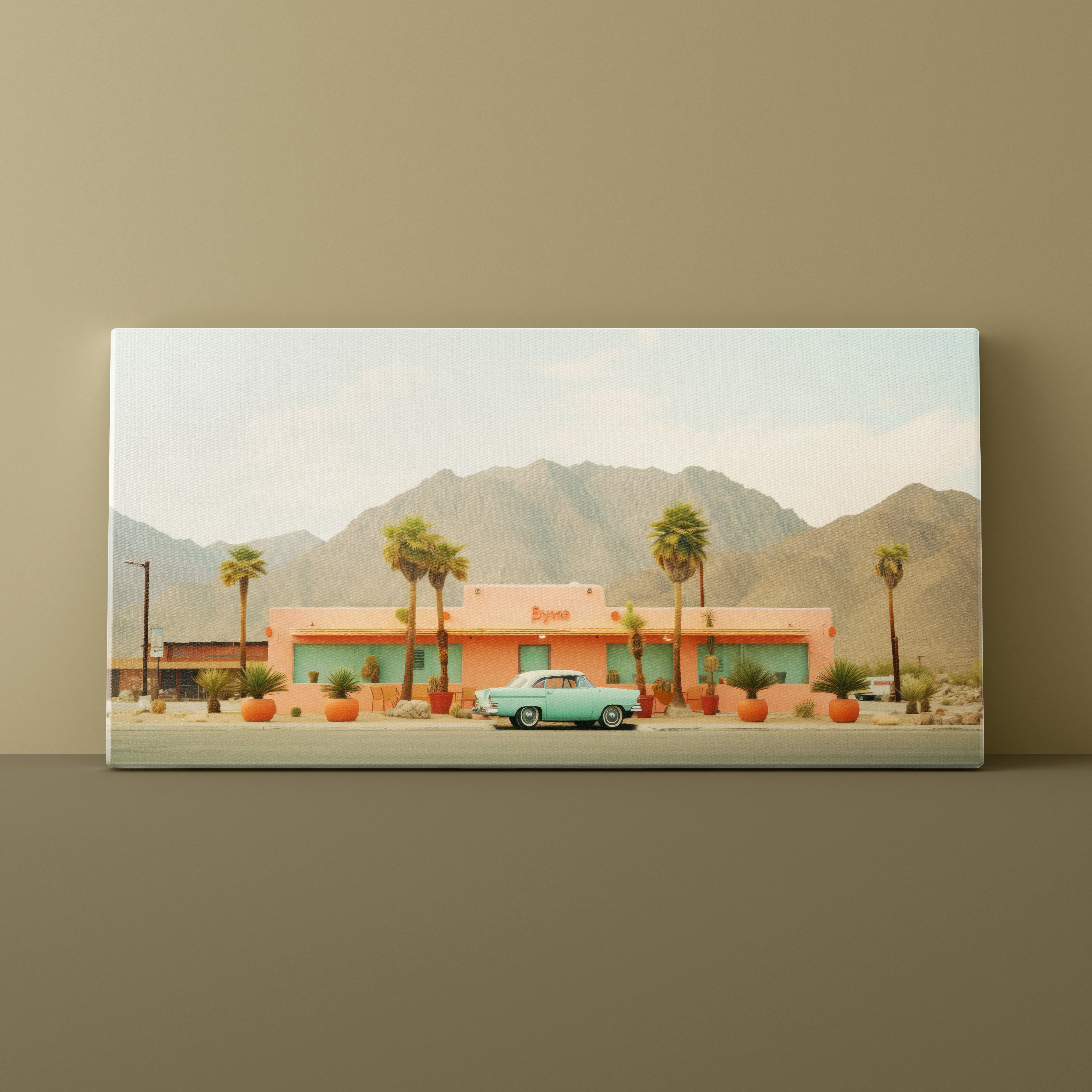 Canvas print of a desert scene with a pink building and vintage car, mounted on a beige wall.