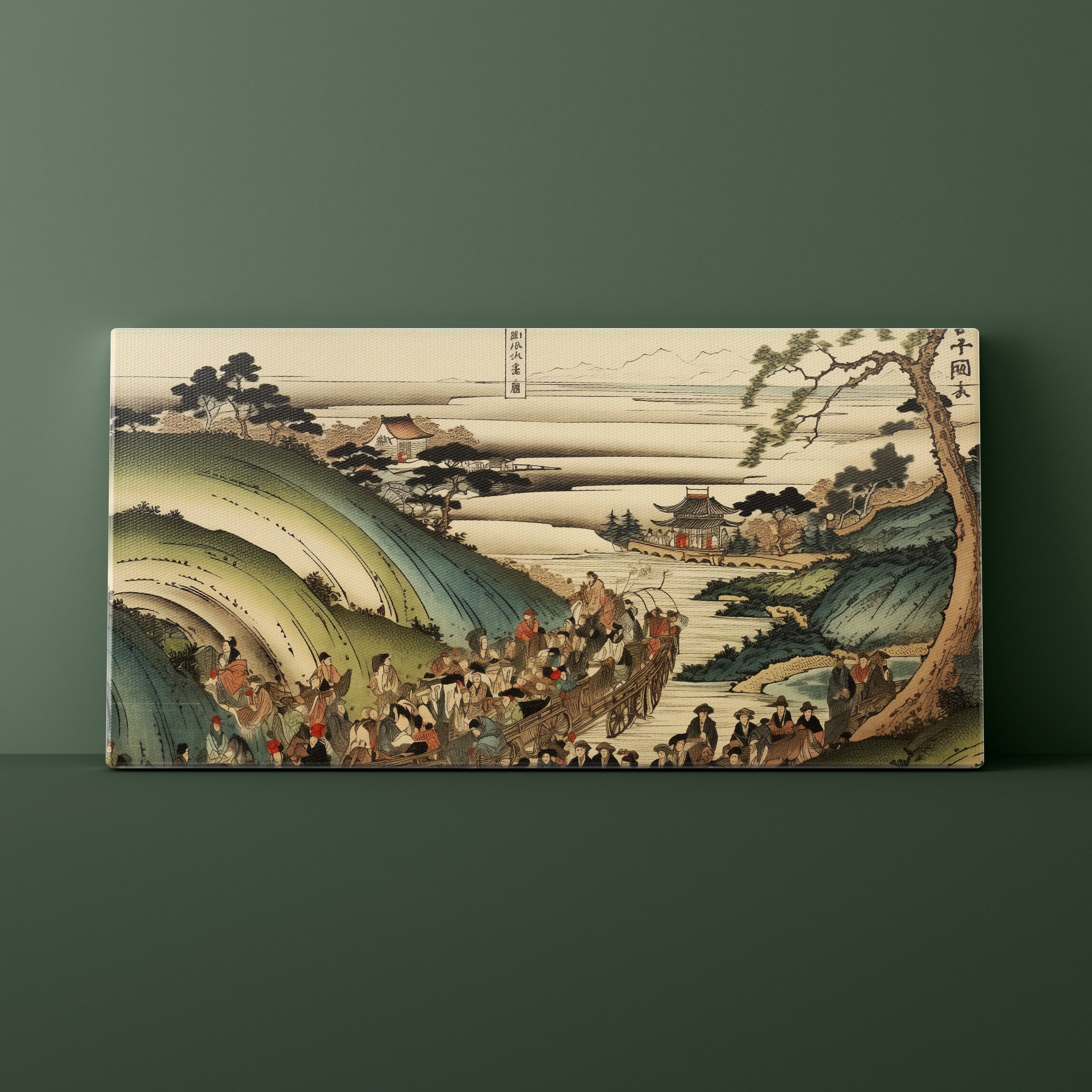 Traditional Japanese landscape painting with people on a bridge against a green background