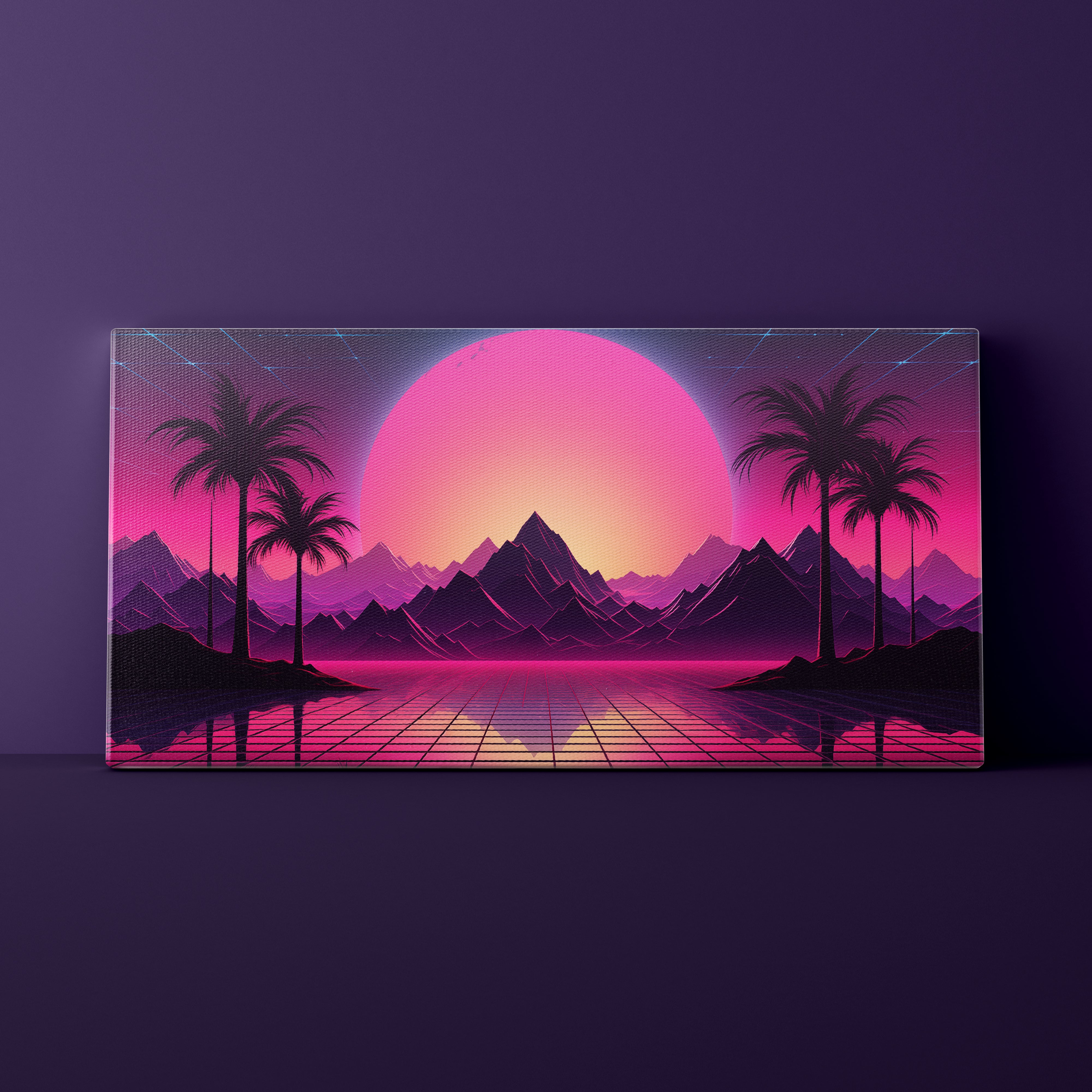 Futuristic landscape with pink sun, mountains, and palm trees on a dark purple background