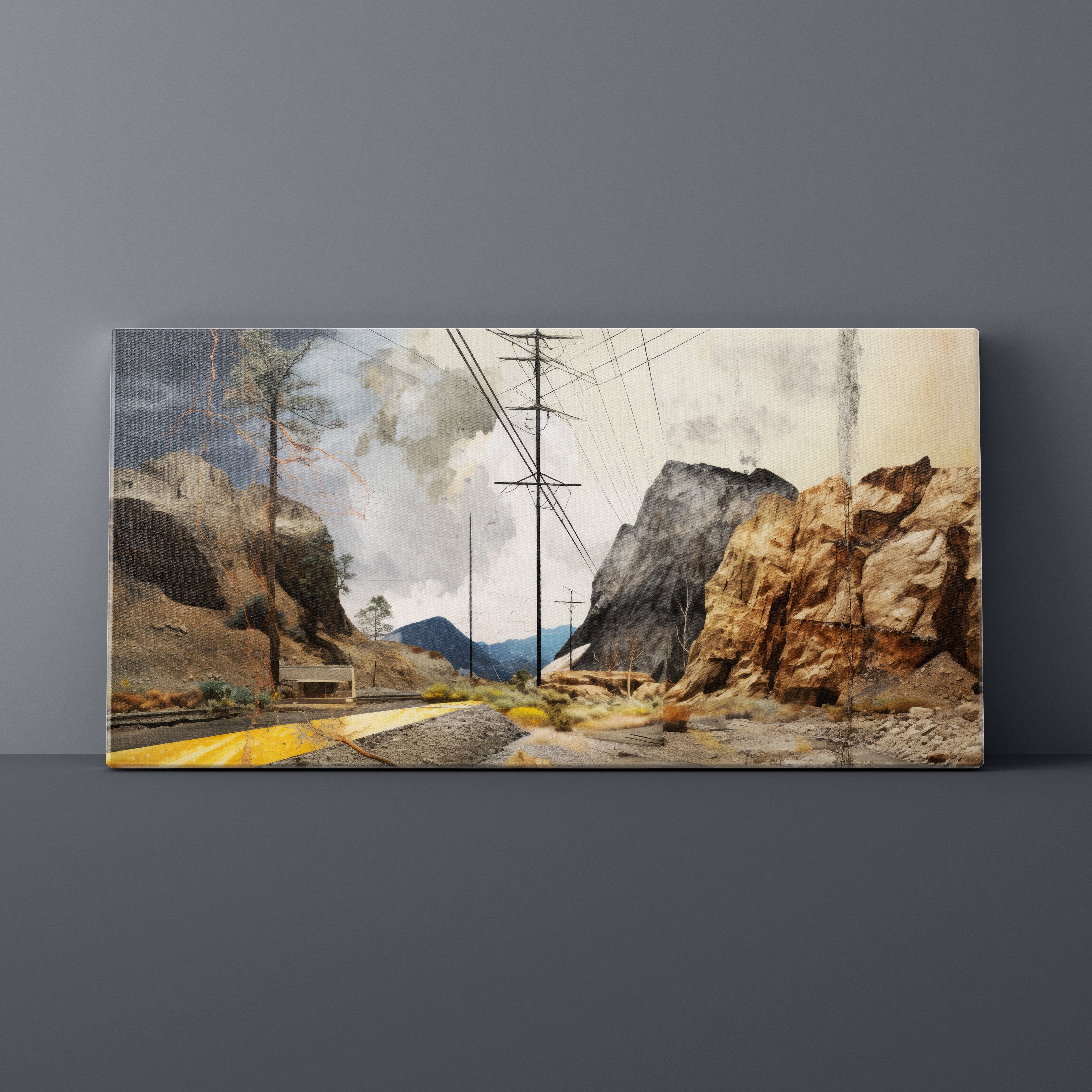 Canvas print of a mountainous landscape with a road and power lines on a gray wall.