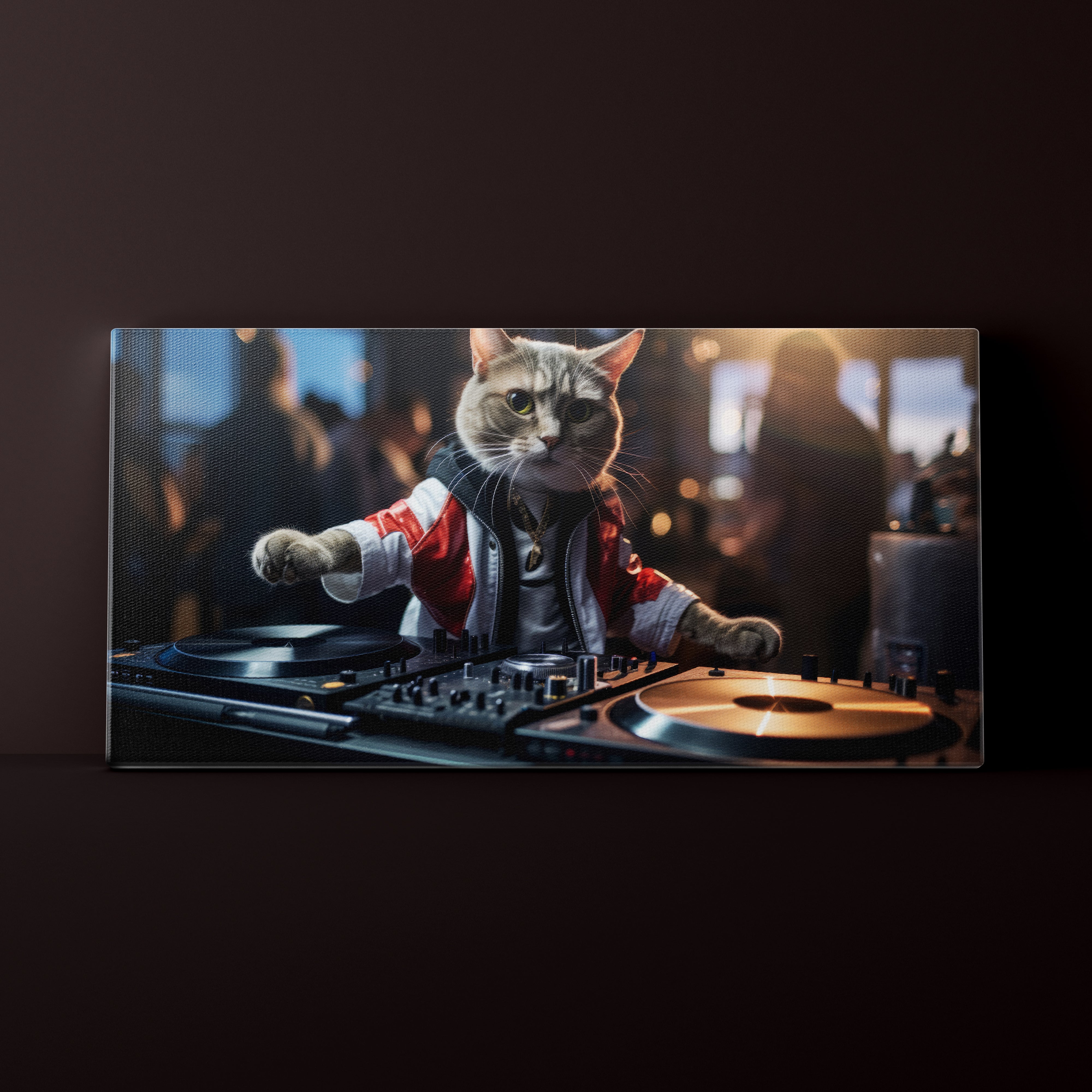 Cat dressed as a DJ on a turntable with a dark background