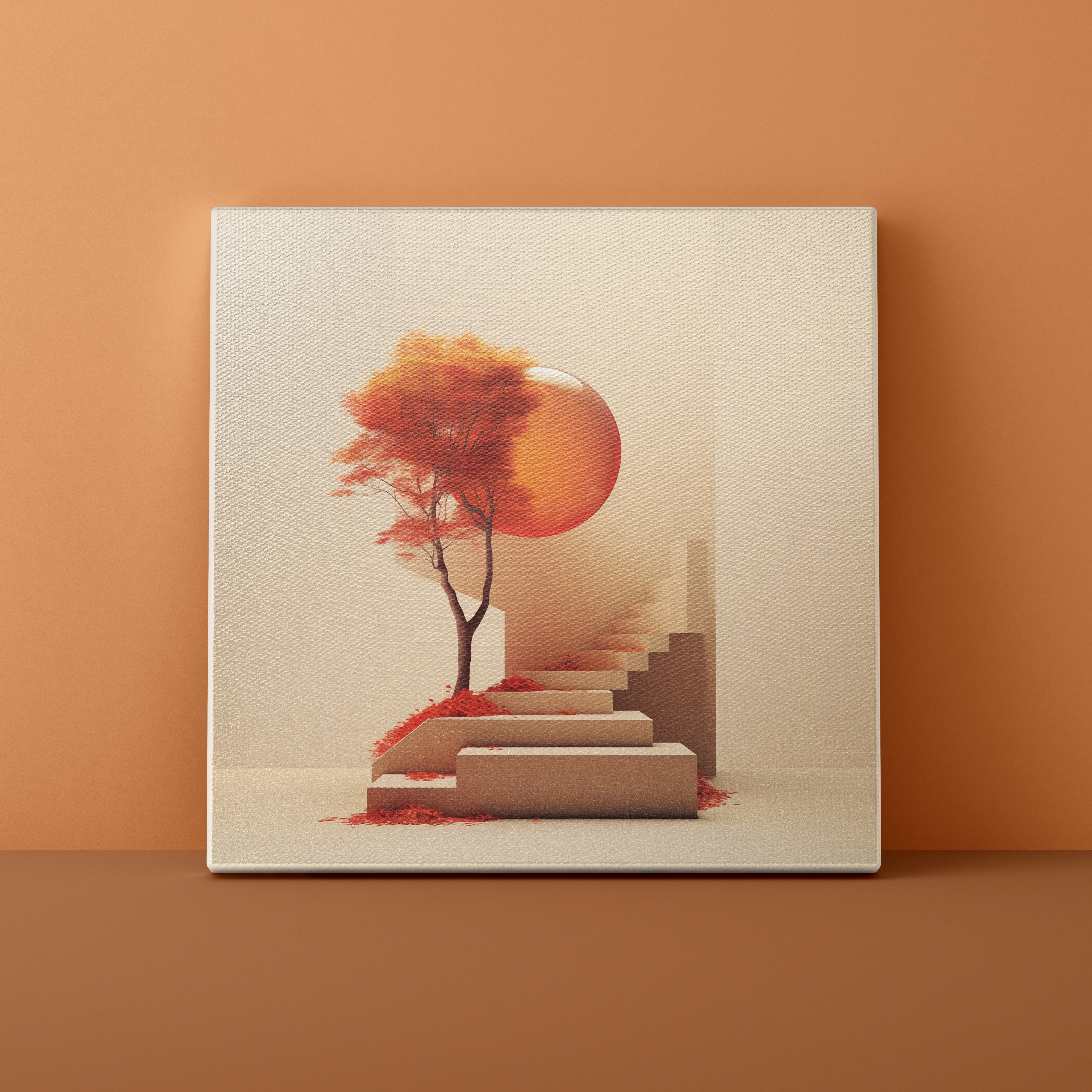 Canvas print of a surreal landscape with a tree and staircase on a beige background