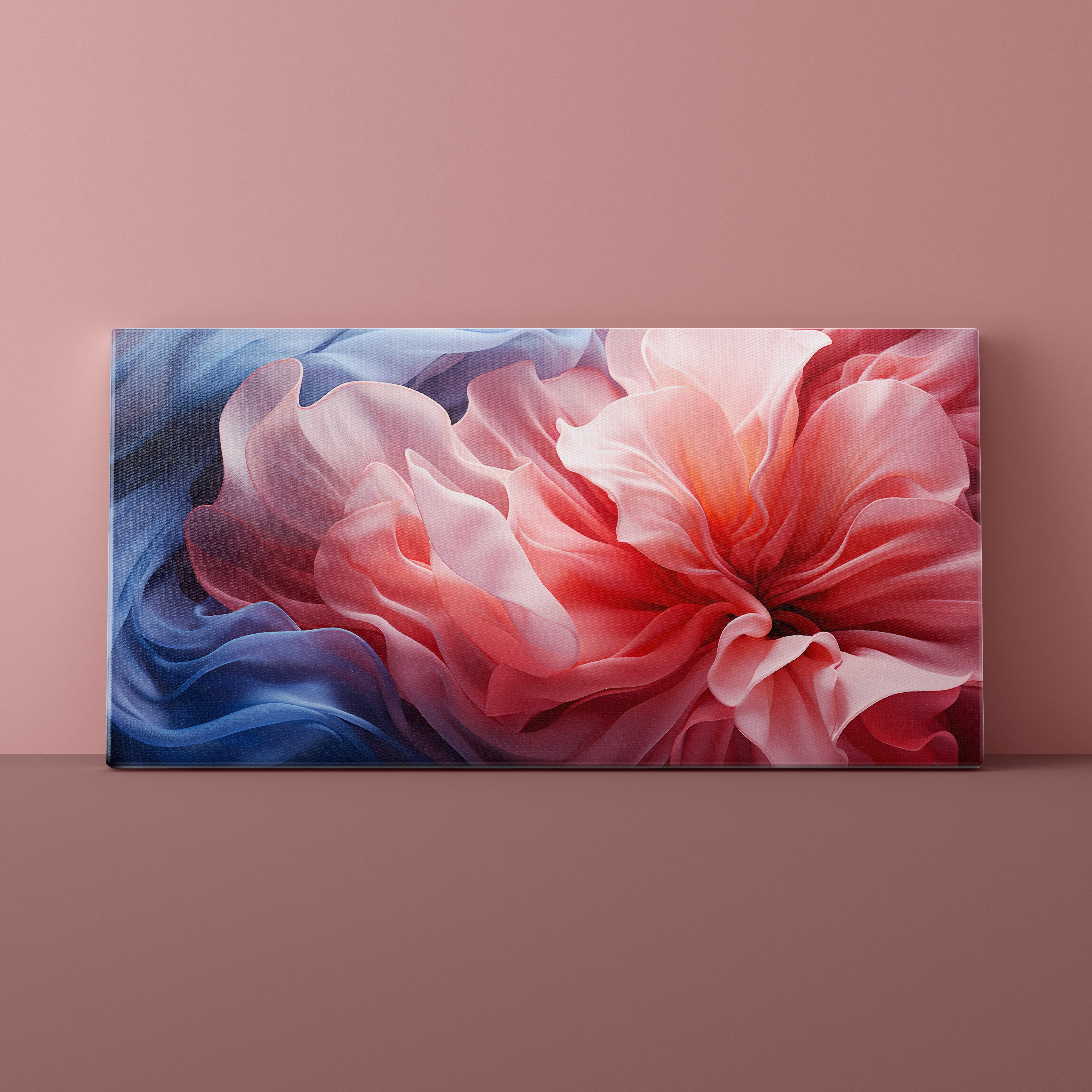 Floral painting with pink and blue colors on a beige wall.