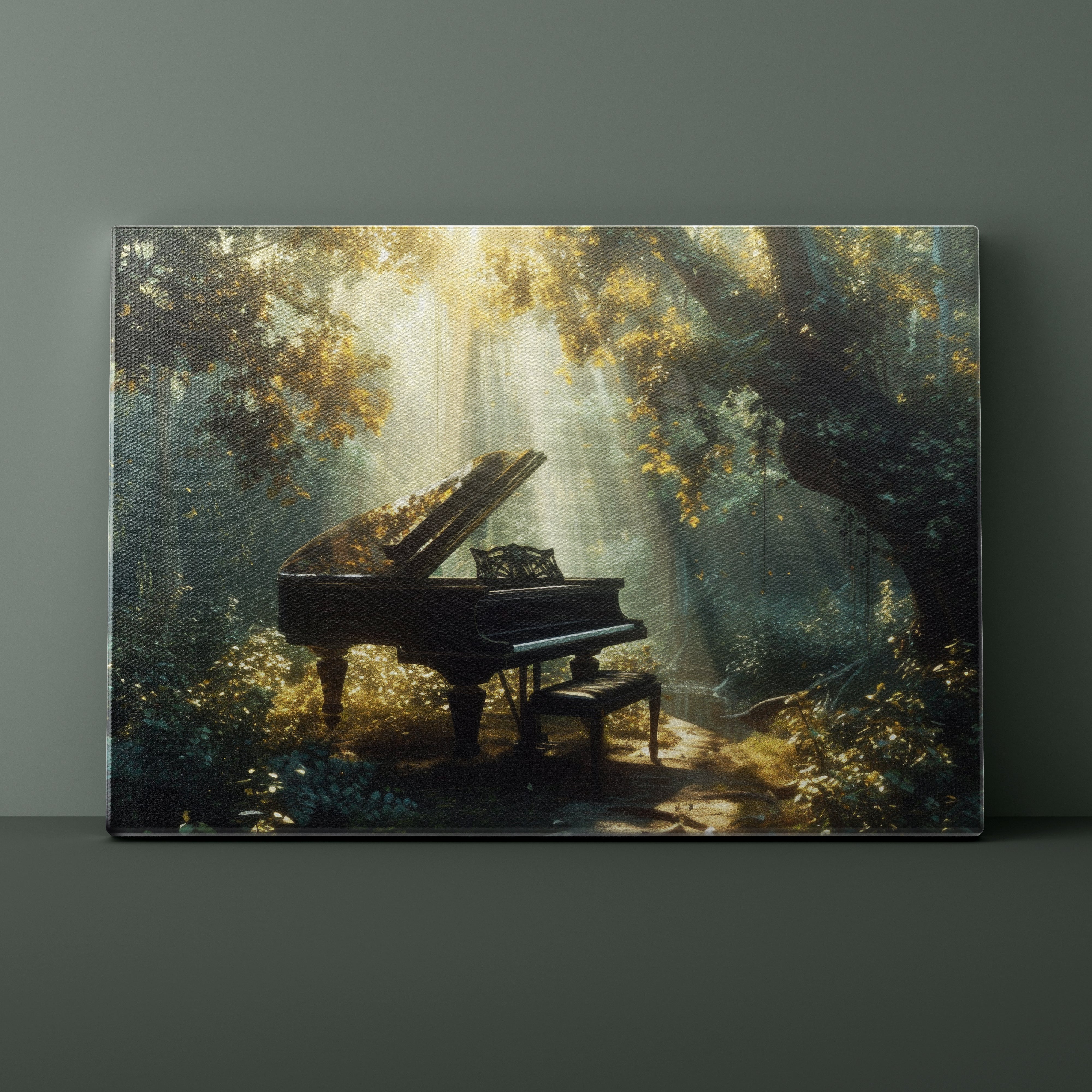 Grand piano in a forest with sunlight filtering through the trees