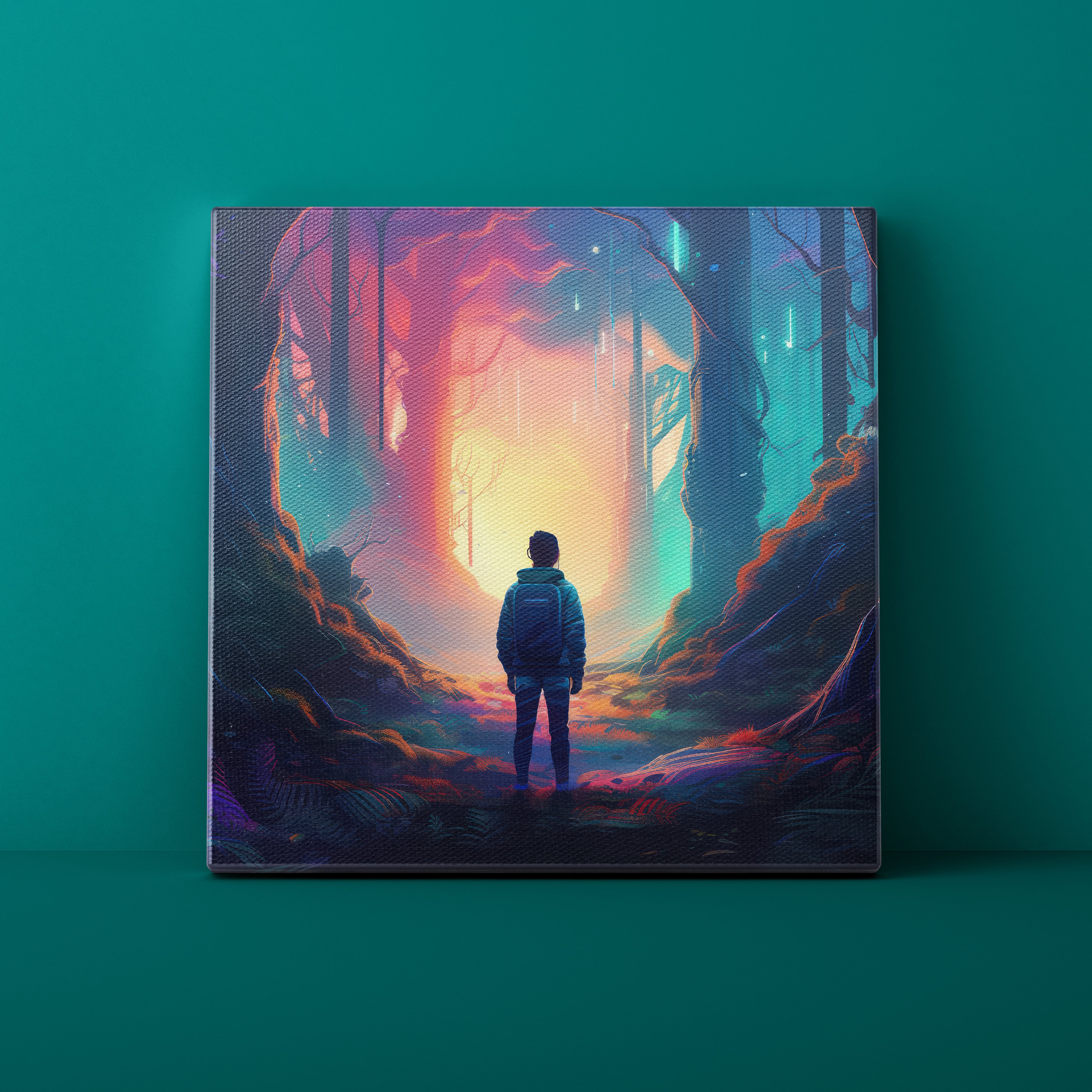 Framed artwork of a person standing in a mystical forest with a glowing door on a teal background