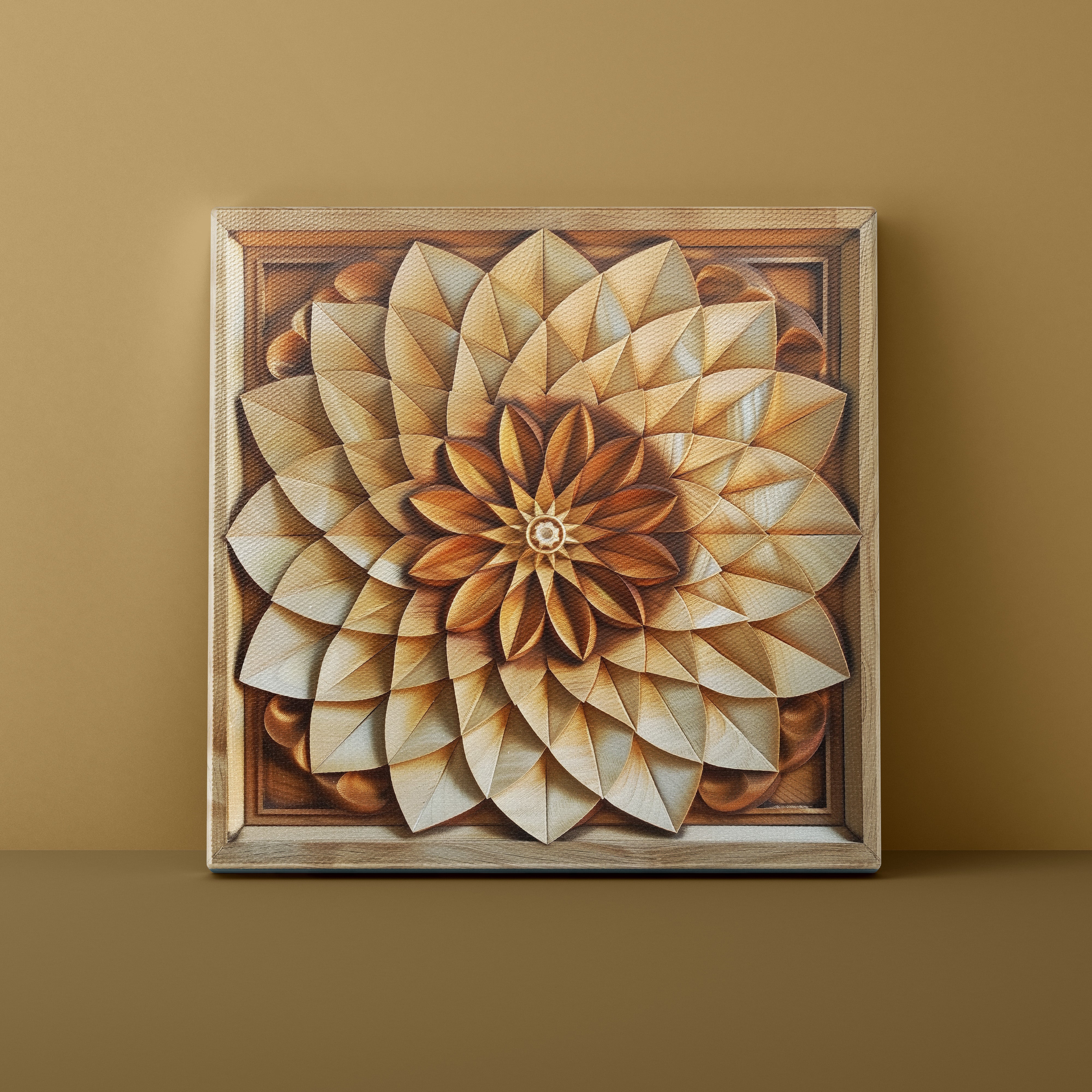 Wooden wall art with geometric floral design on a brown background