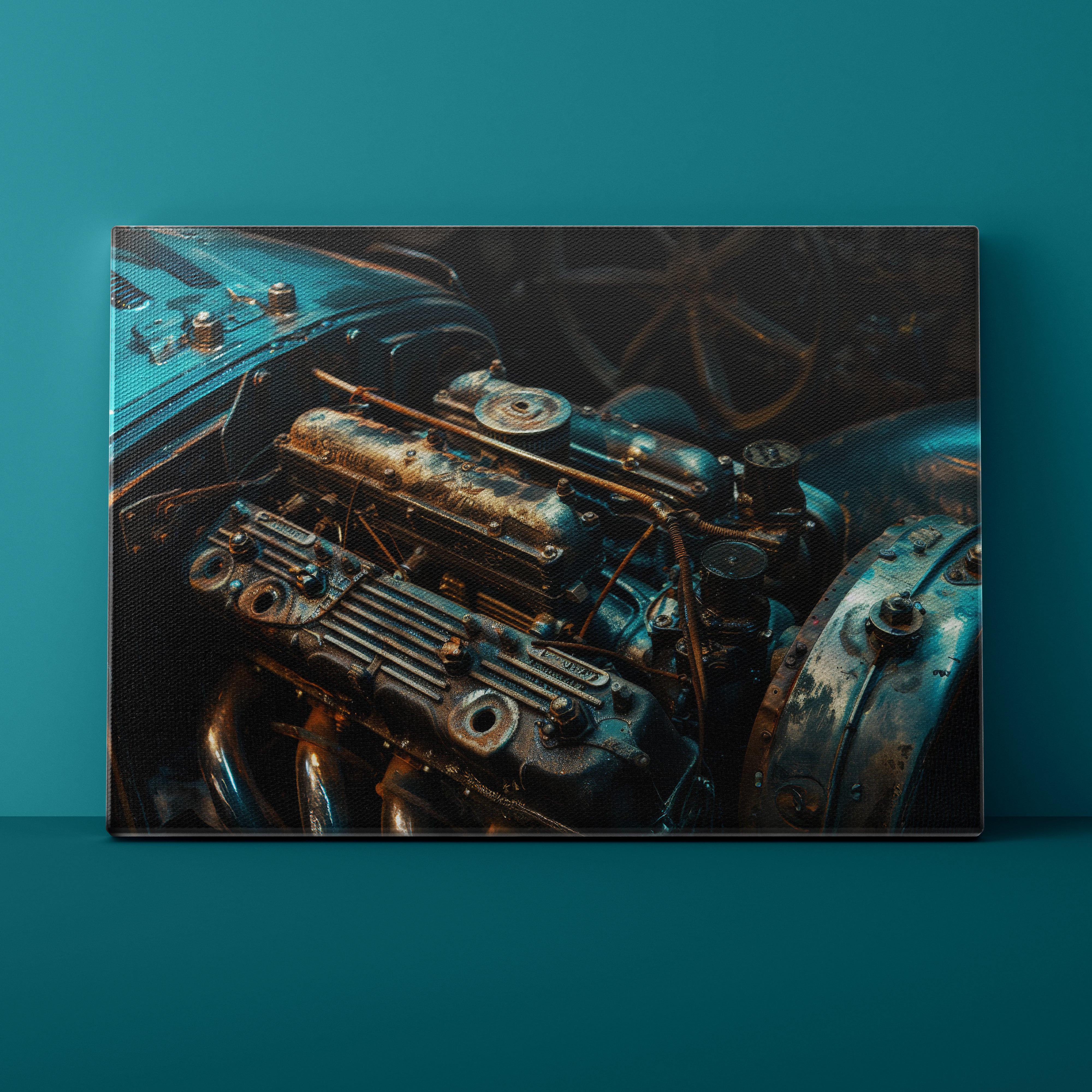 Close-up of a vintage engine on a teal background
