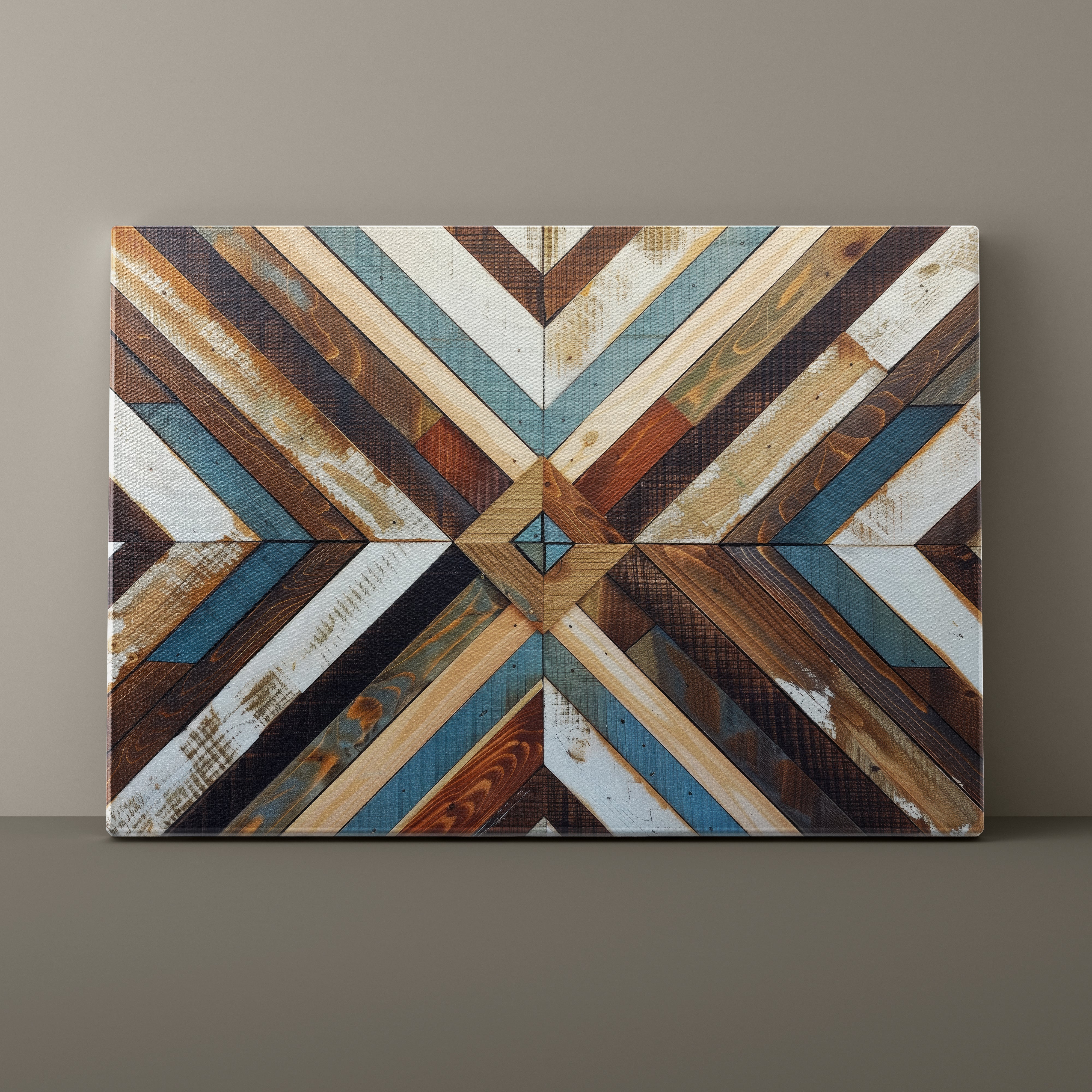 Wooden wall art with geometric pattern on a plain background
