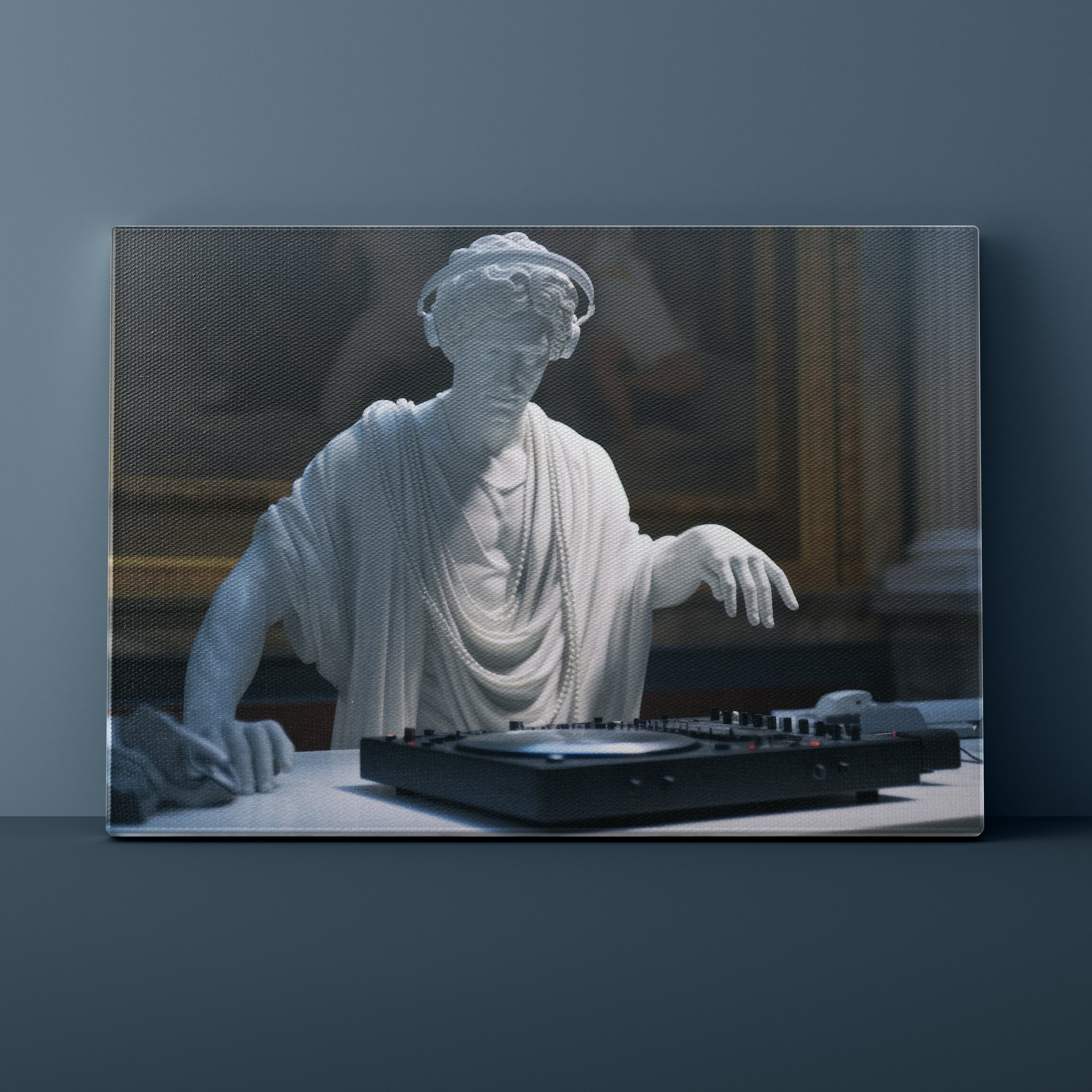 Statue of a classical figure operating DJ equipment against a dark background