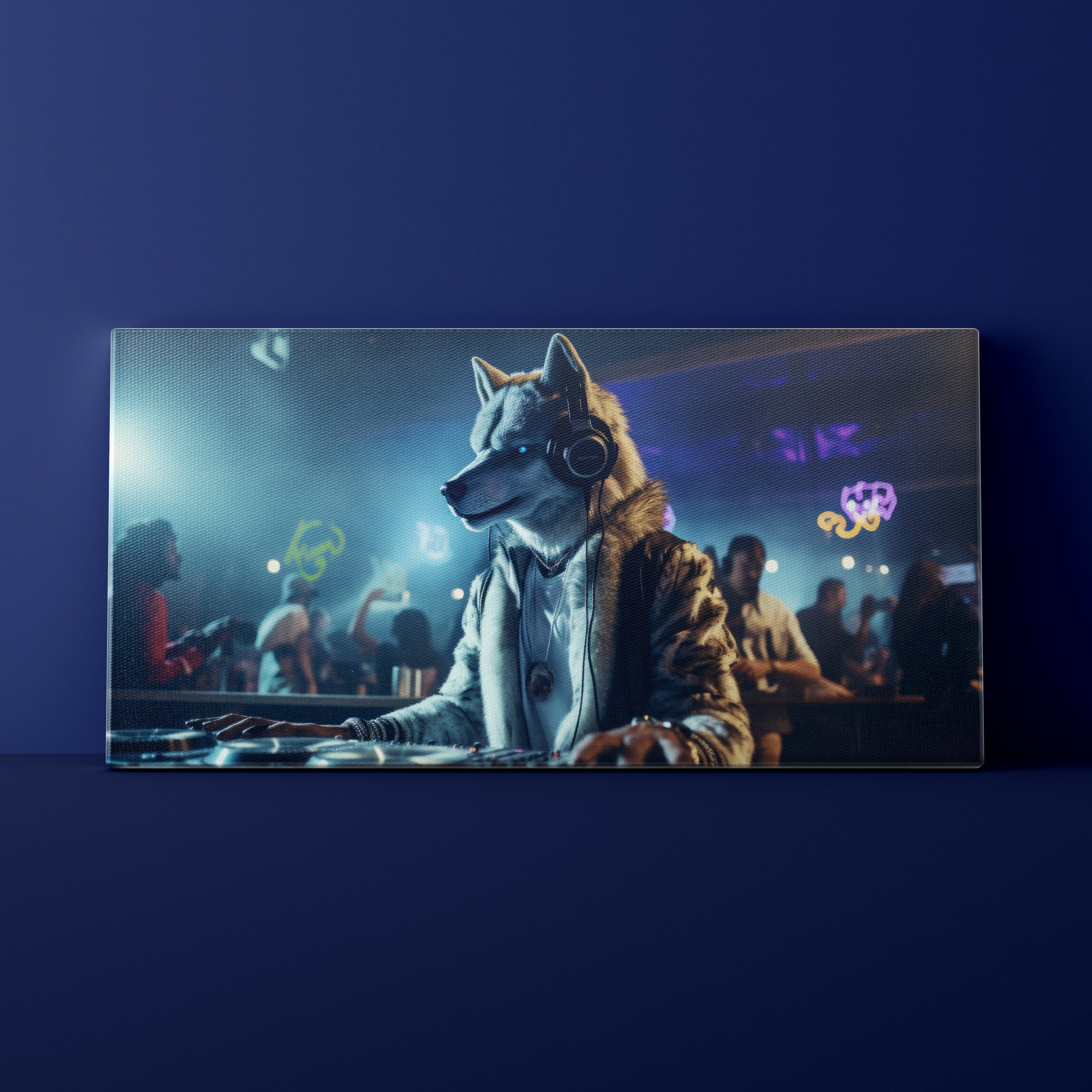 Person wearing a wolf mask at a party with a blue background.