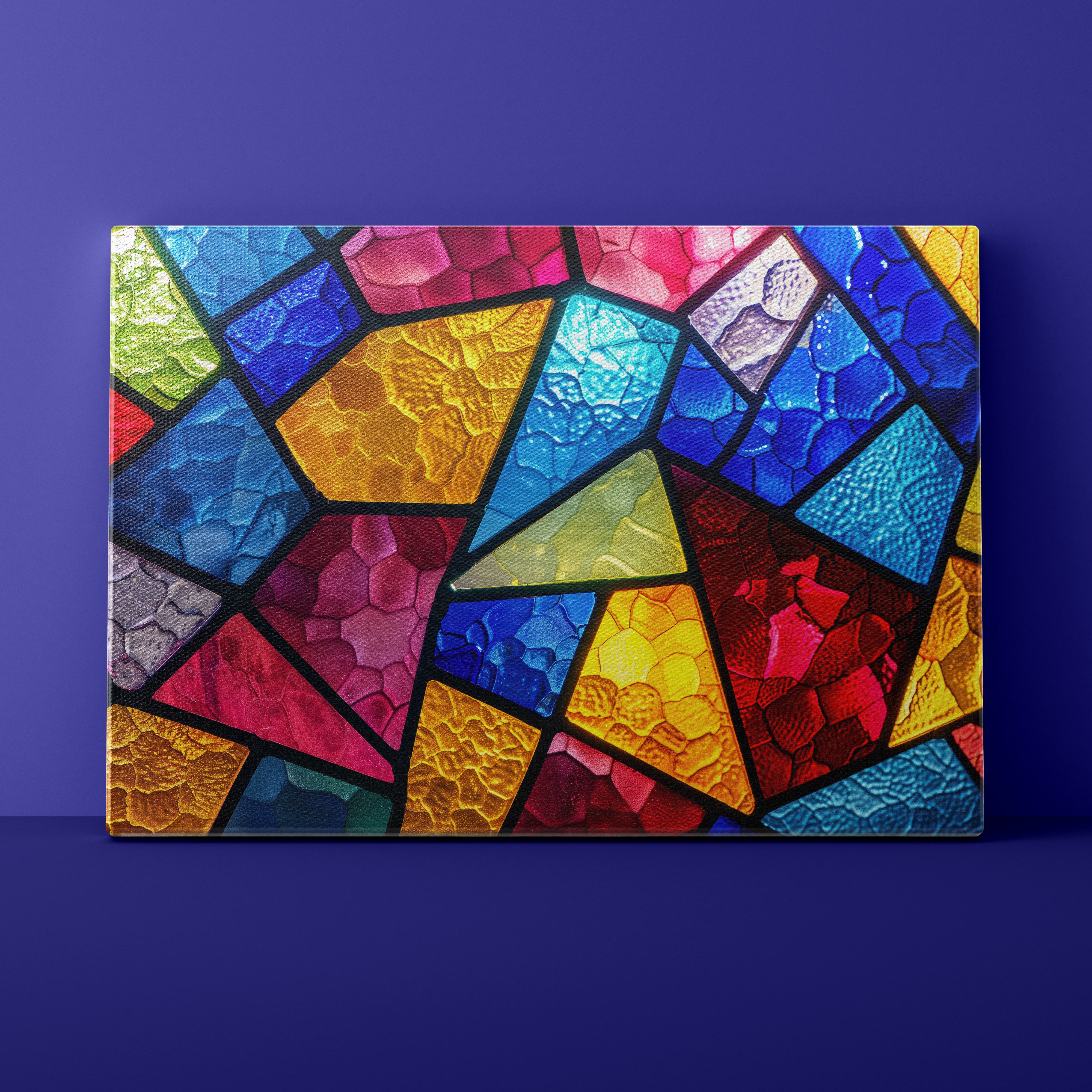 Colorful stained glass design on a blue background