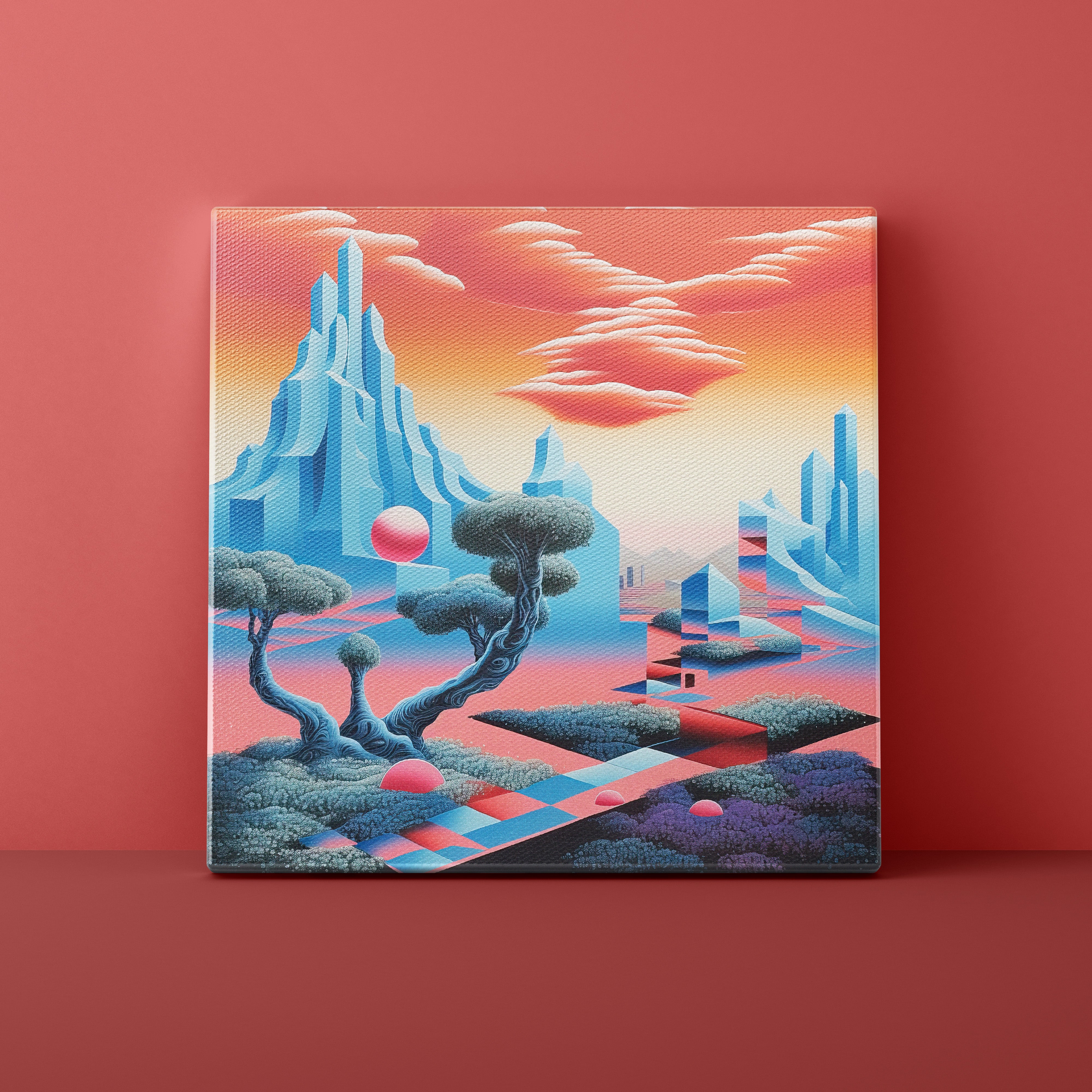 Futuristic cityscape with blue buildings and pink sky on a red wall