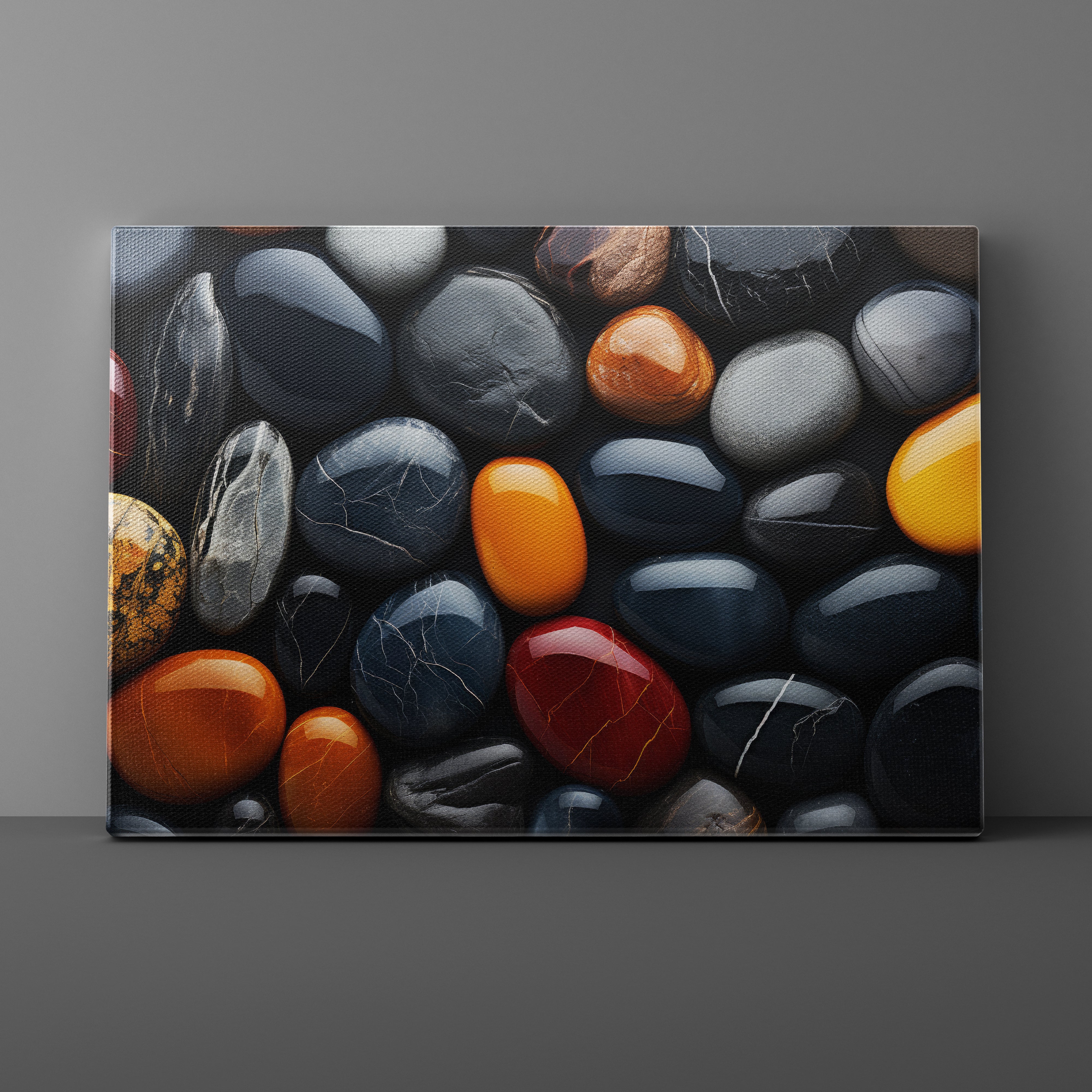Canvas print of multicolored stones on a gray background