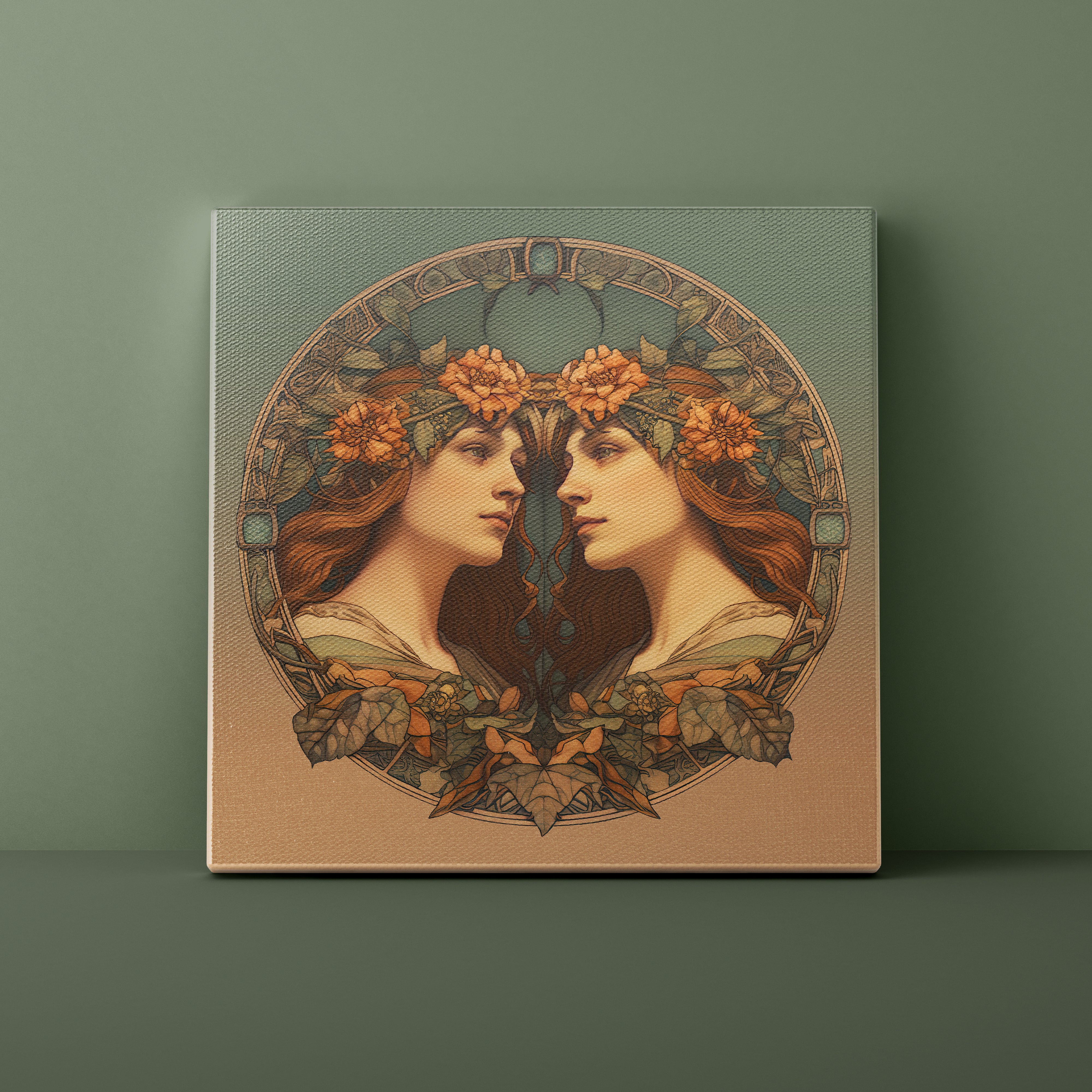 Artistic depiction of two faces with floral wreaths on a green background