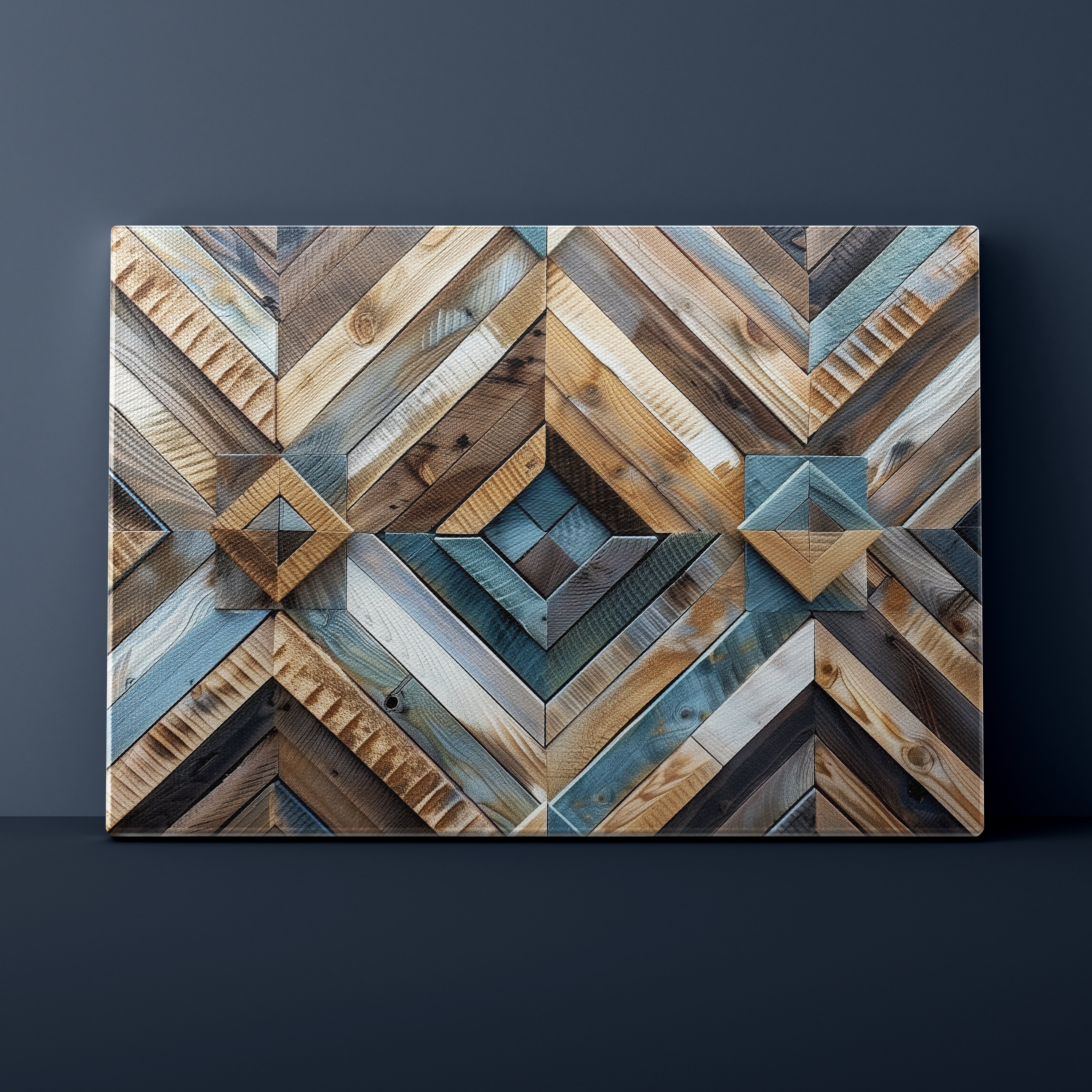 Wooden wall art with geometric pattern on a dark background