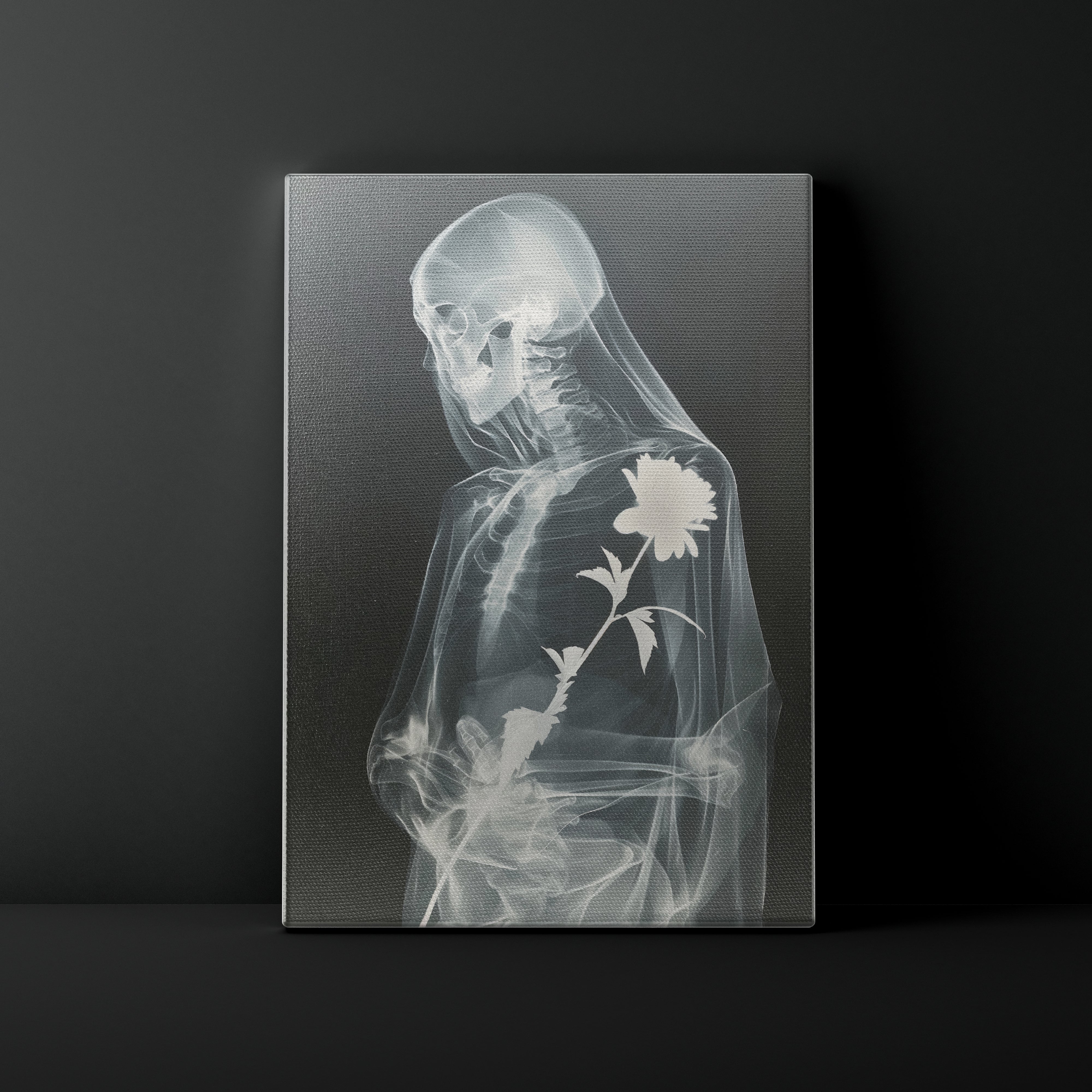 X-ray style image of a person holding a flower on a dark background