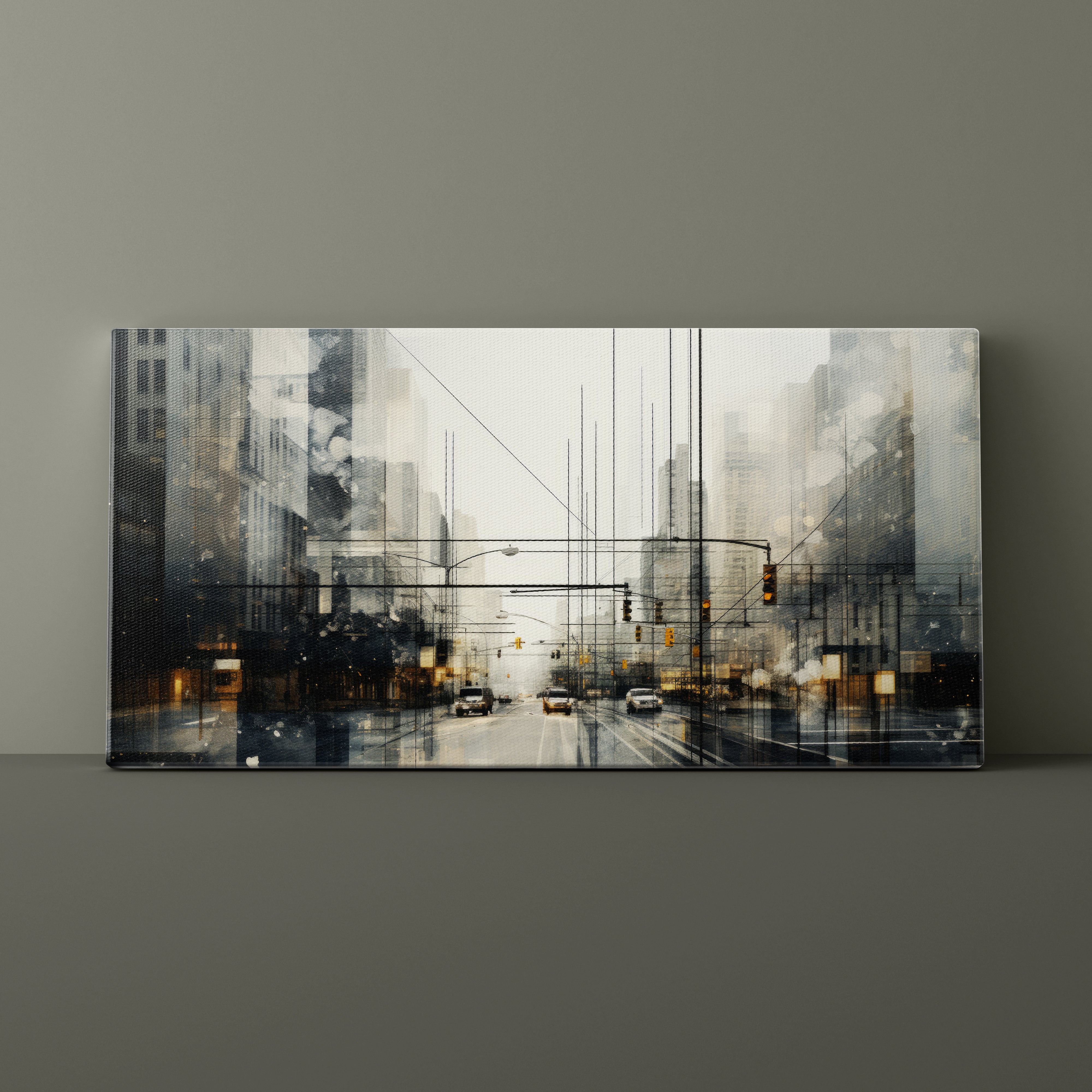 Cityscape painting on a gray wall