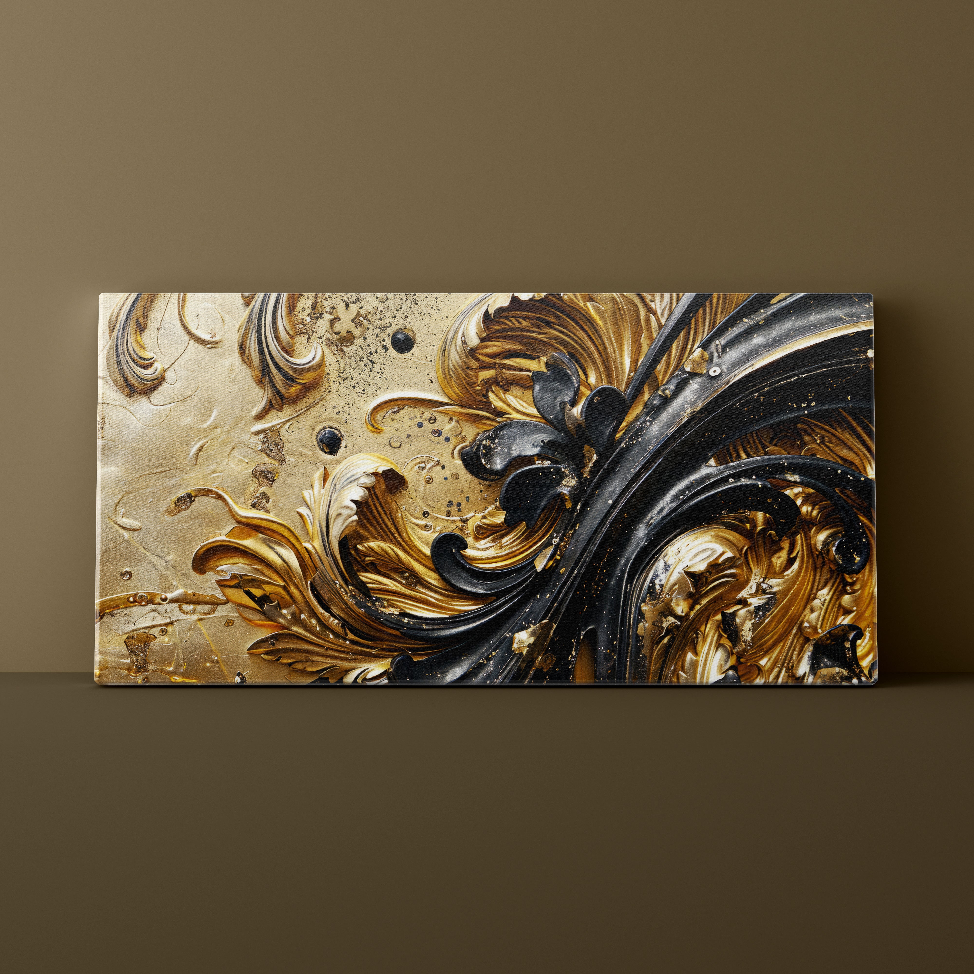 Decorative wall art with gold and black abstract design on a brown background
