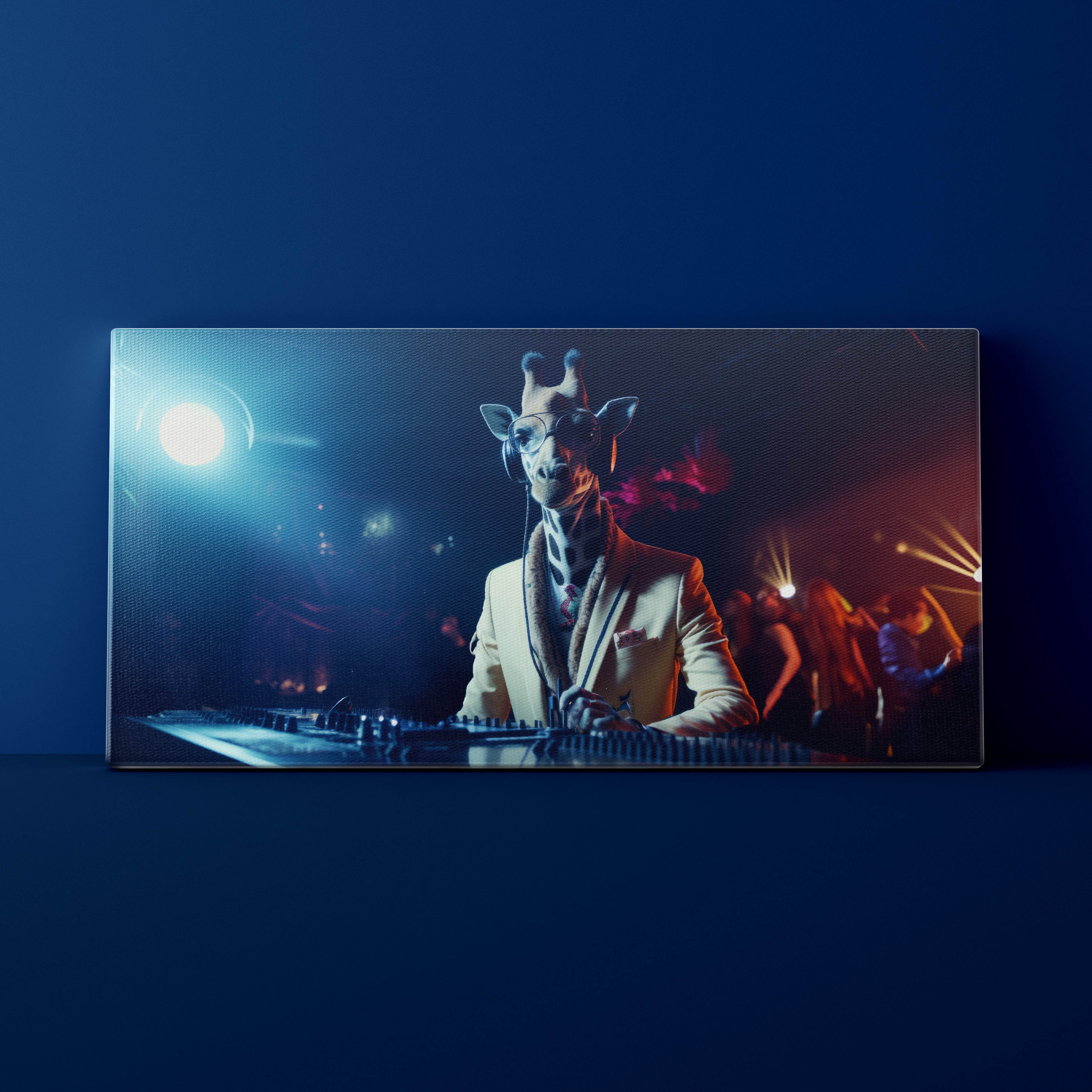 Giraffe DJ at a party with colorful lights on a dark blue background