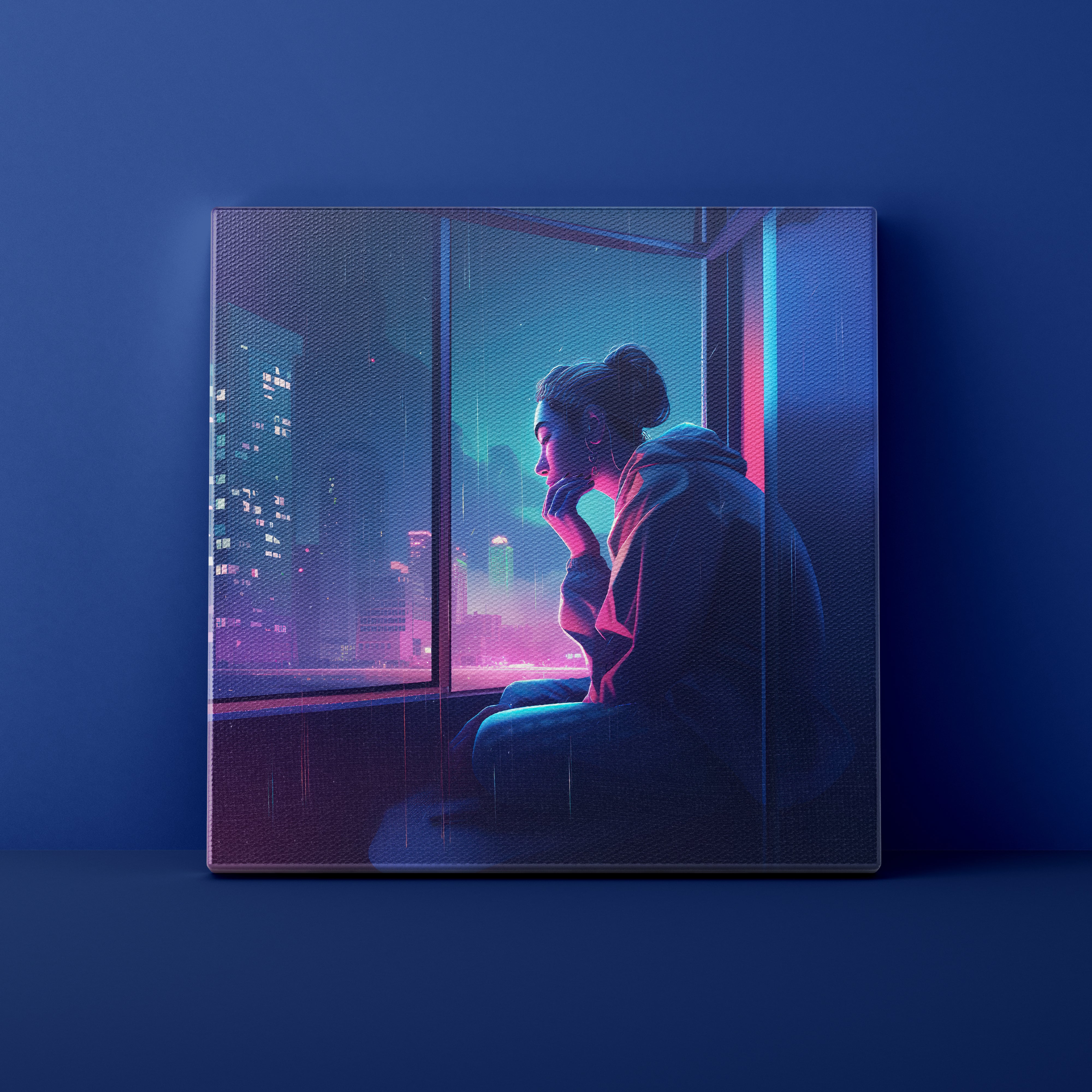 Person sitting by a window looking at a cityscape with neon lights on a dark blue wall.
