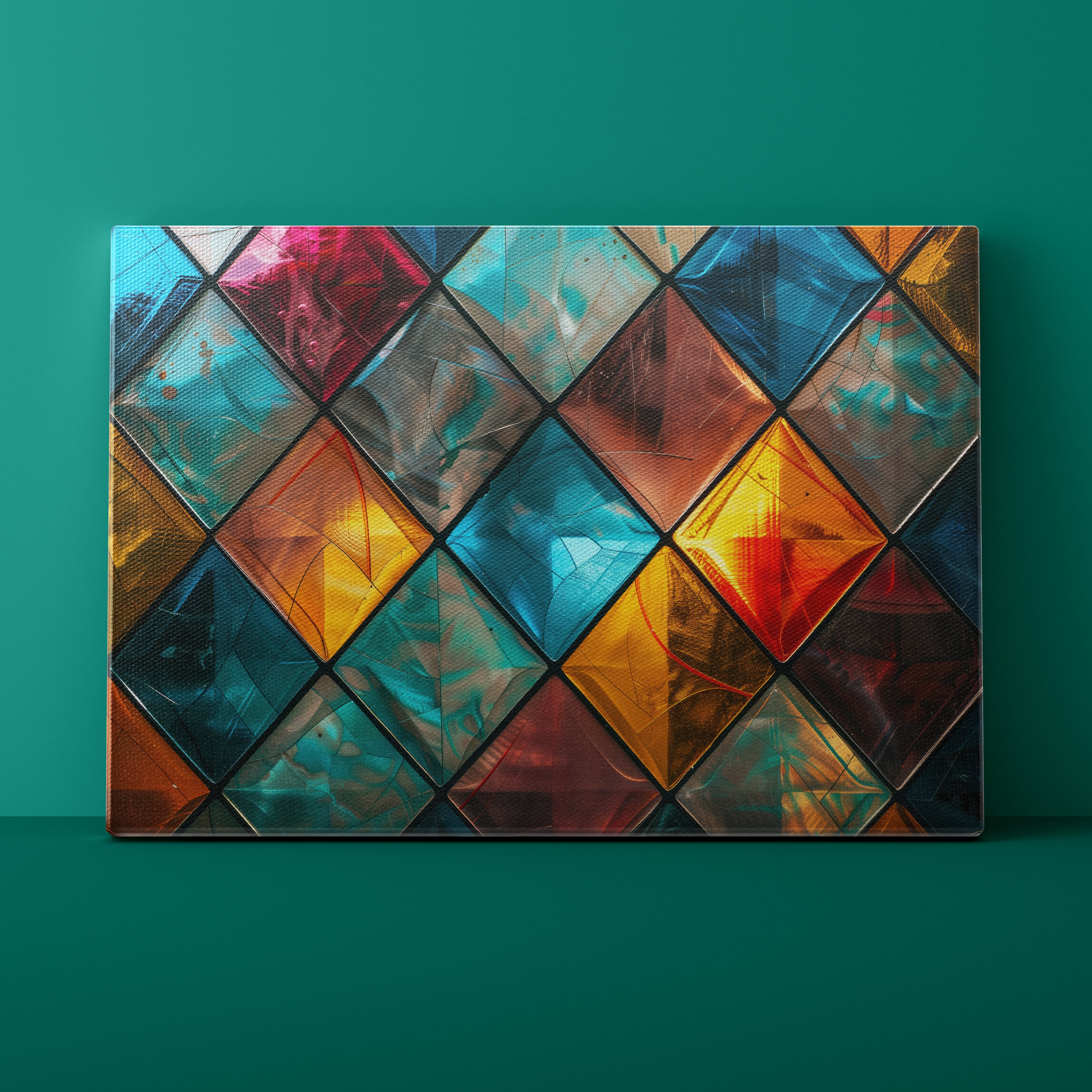 Colorful geometric diamond pattern on a teal background