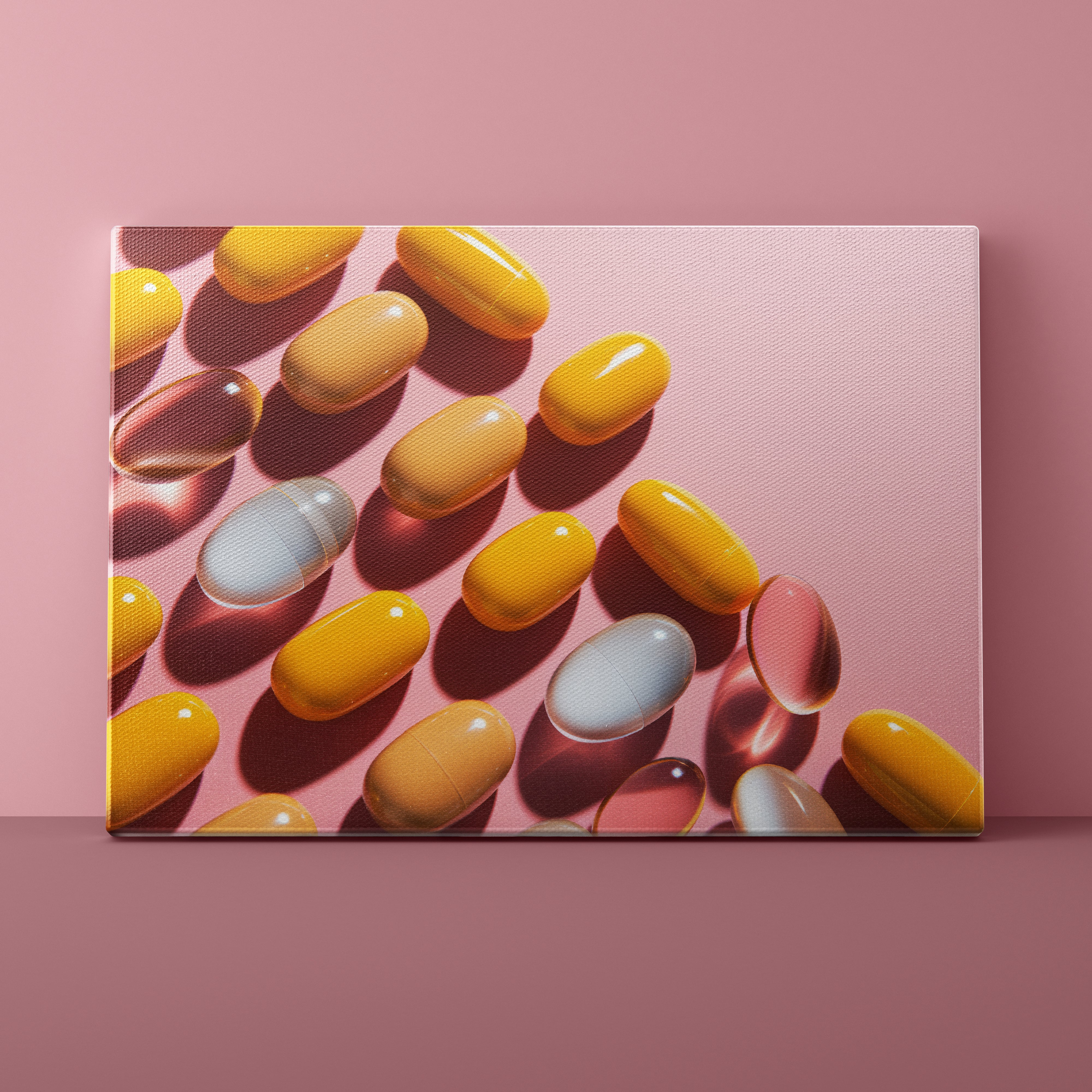 Canvas print of colorful pills on a pink background