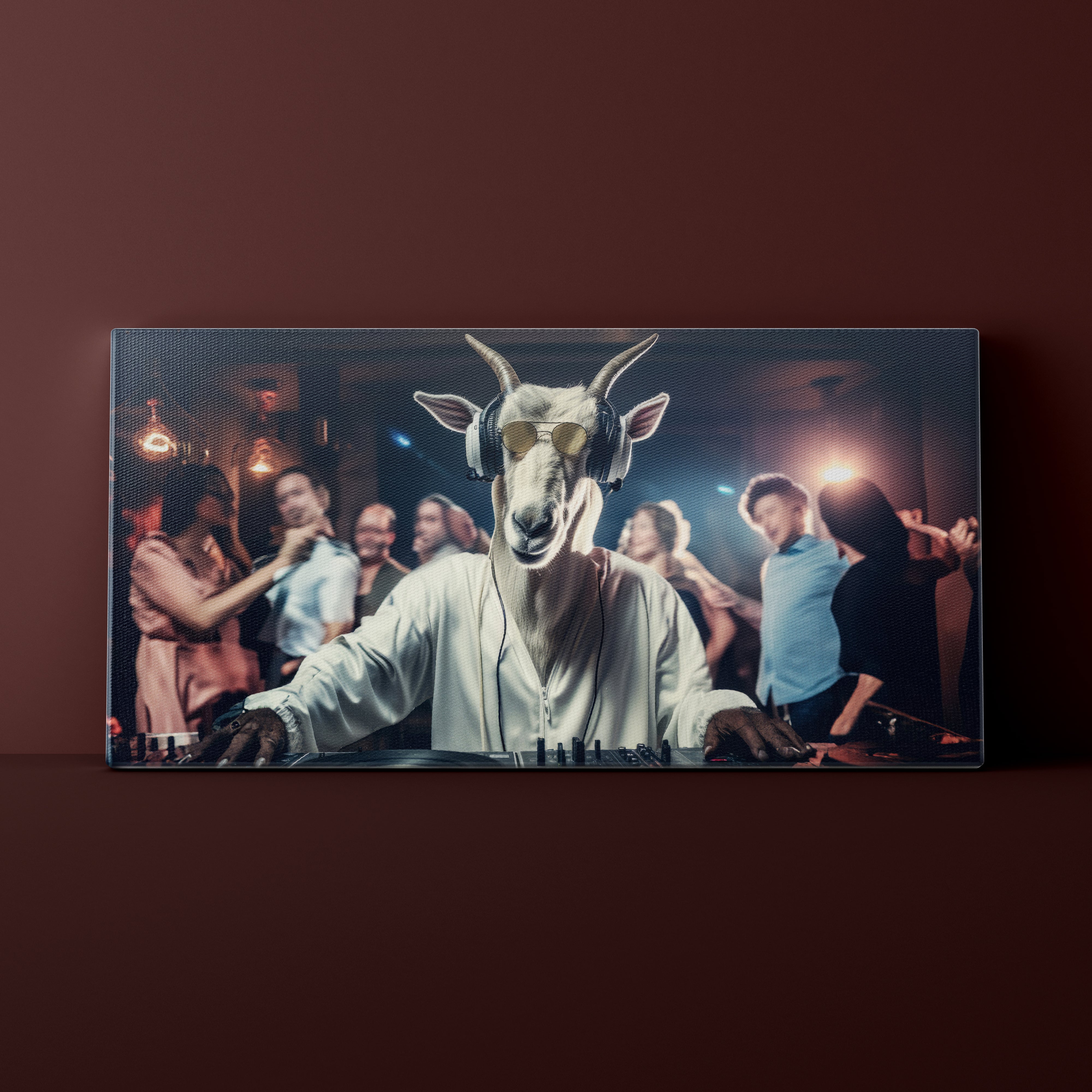Person wearing a goat mask in a social setting with people around