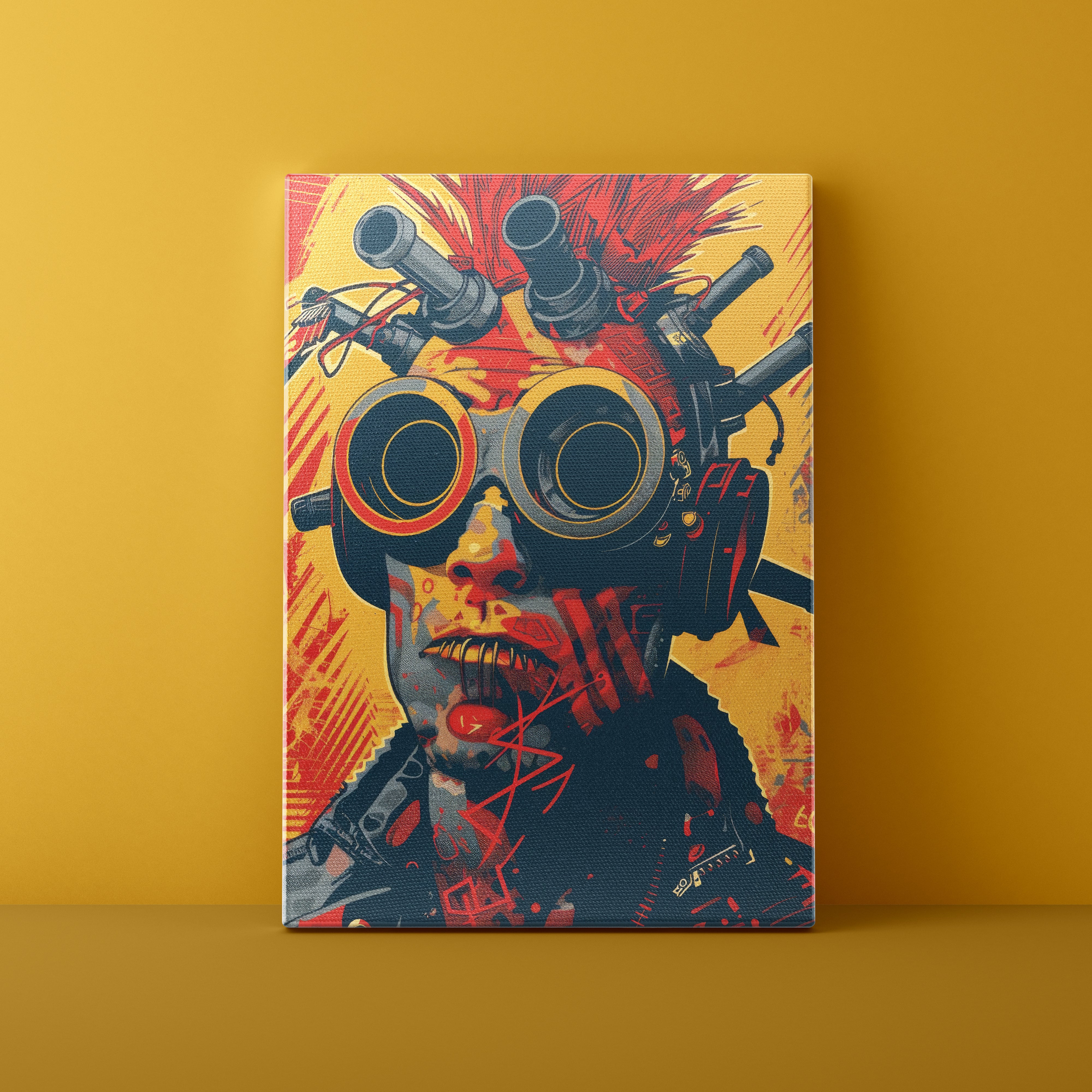 Canvas print with a stylized face design featuring goggles and mechanical elements on a yellow background.