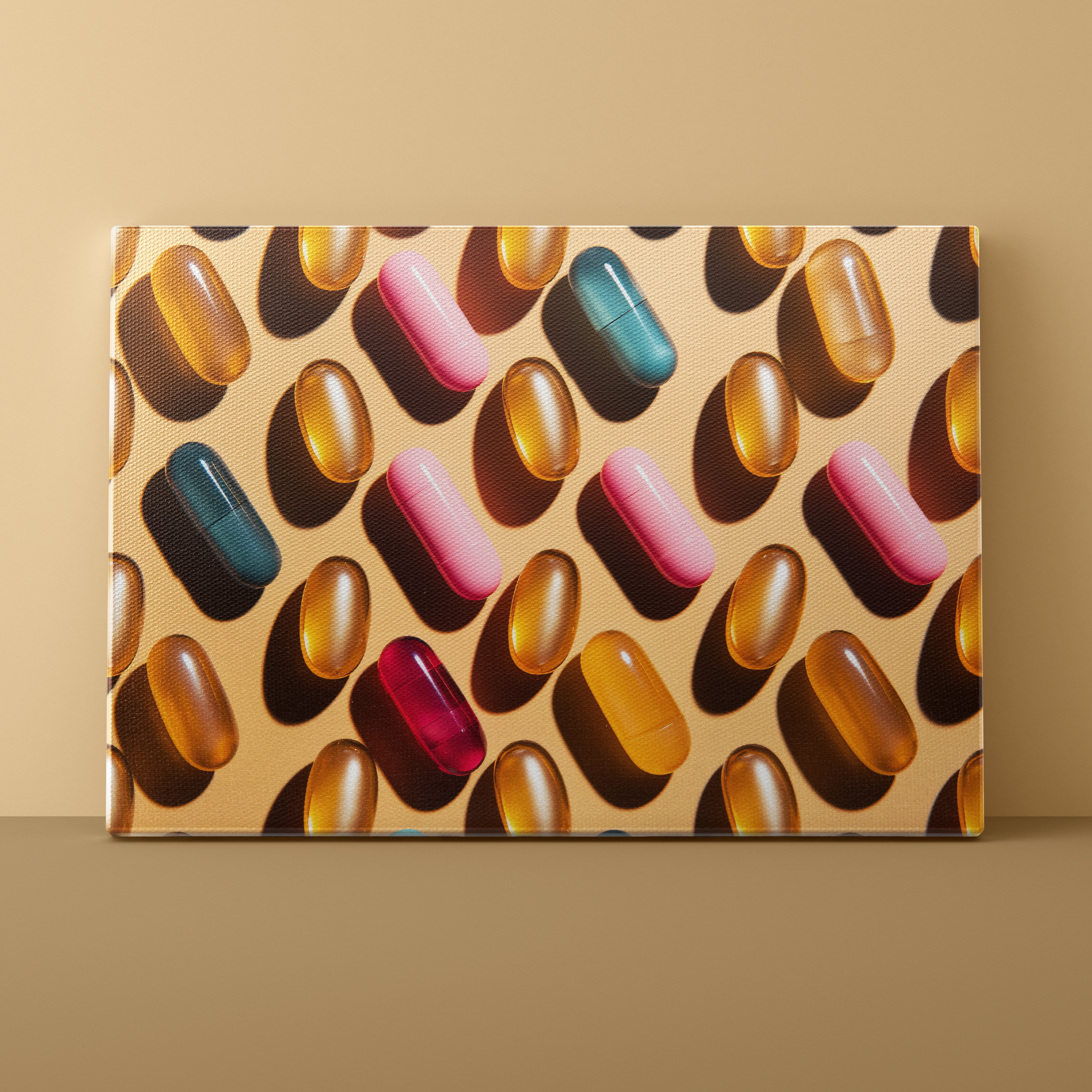 Canvas print with colorful pill pattern on a beige background
