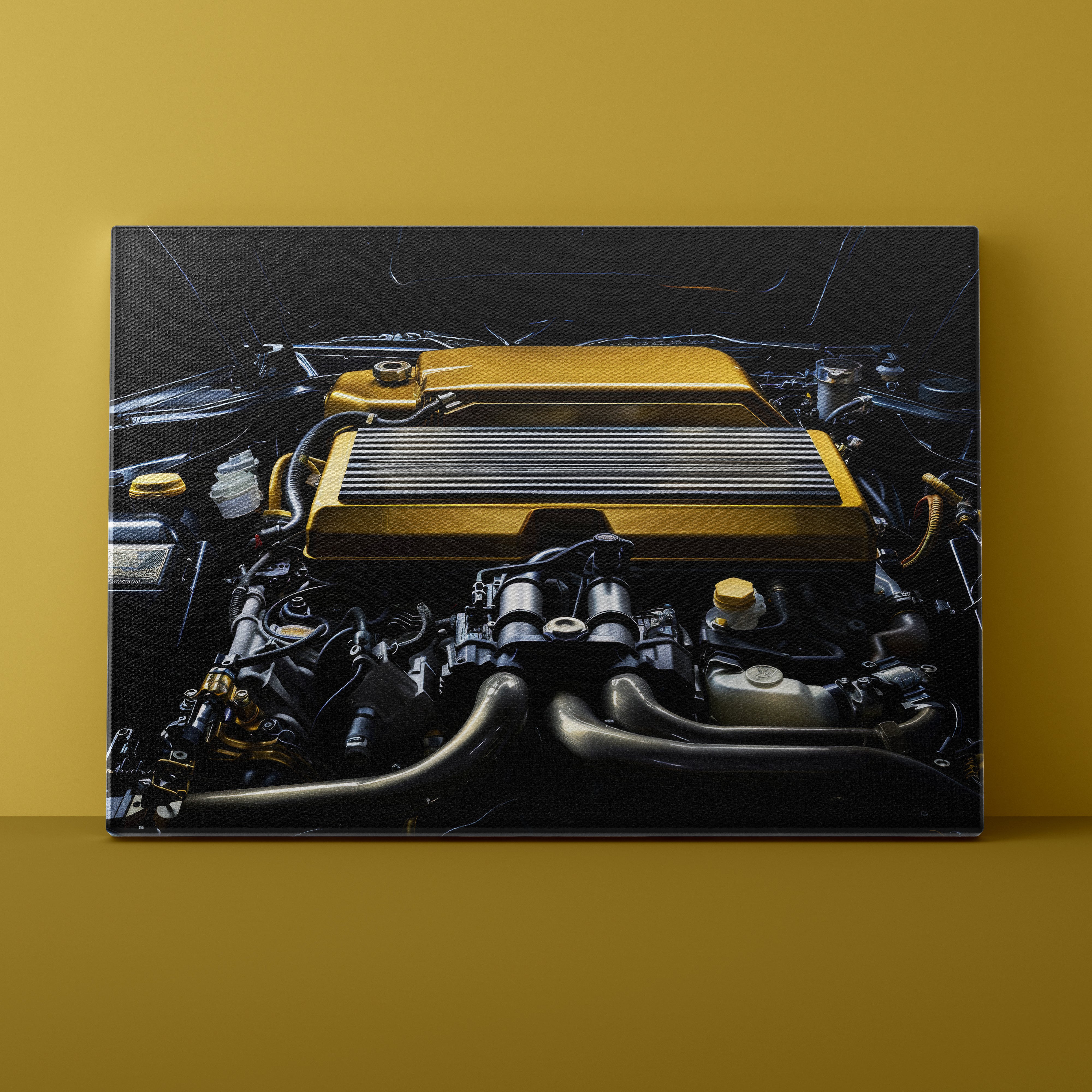 Canvas print of a car engine on a yellow wall