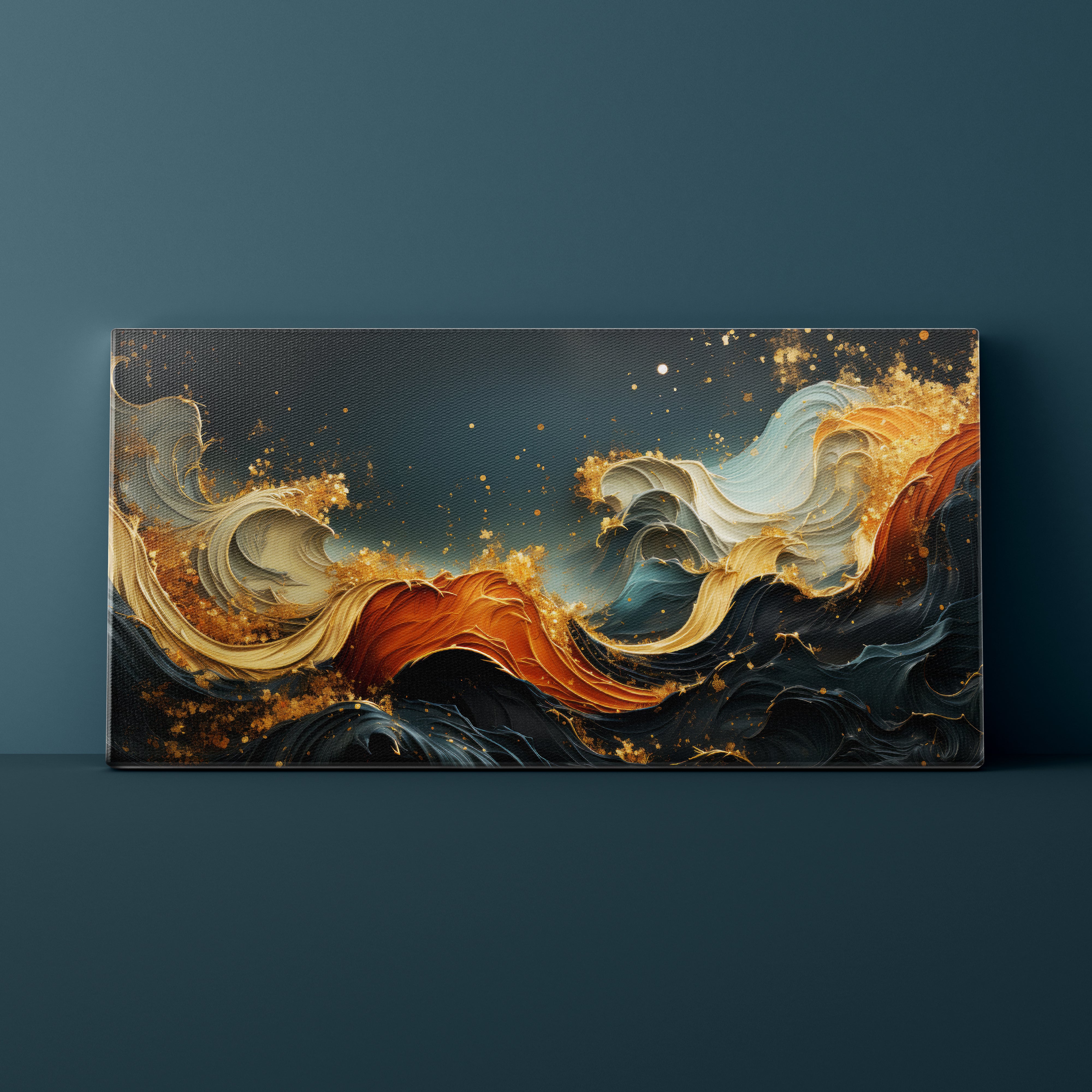 Abstract art piece with swirling colors on a dark blue background