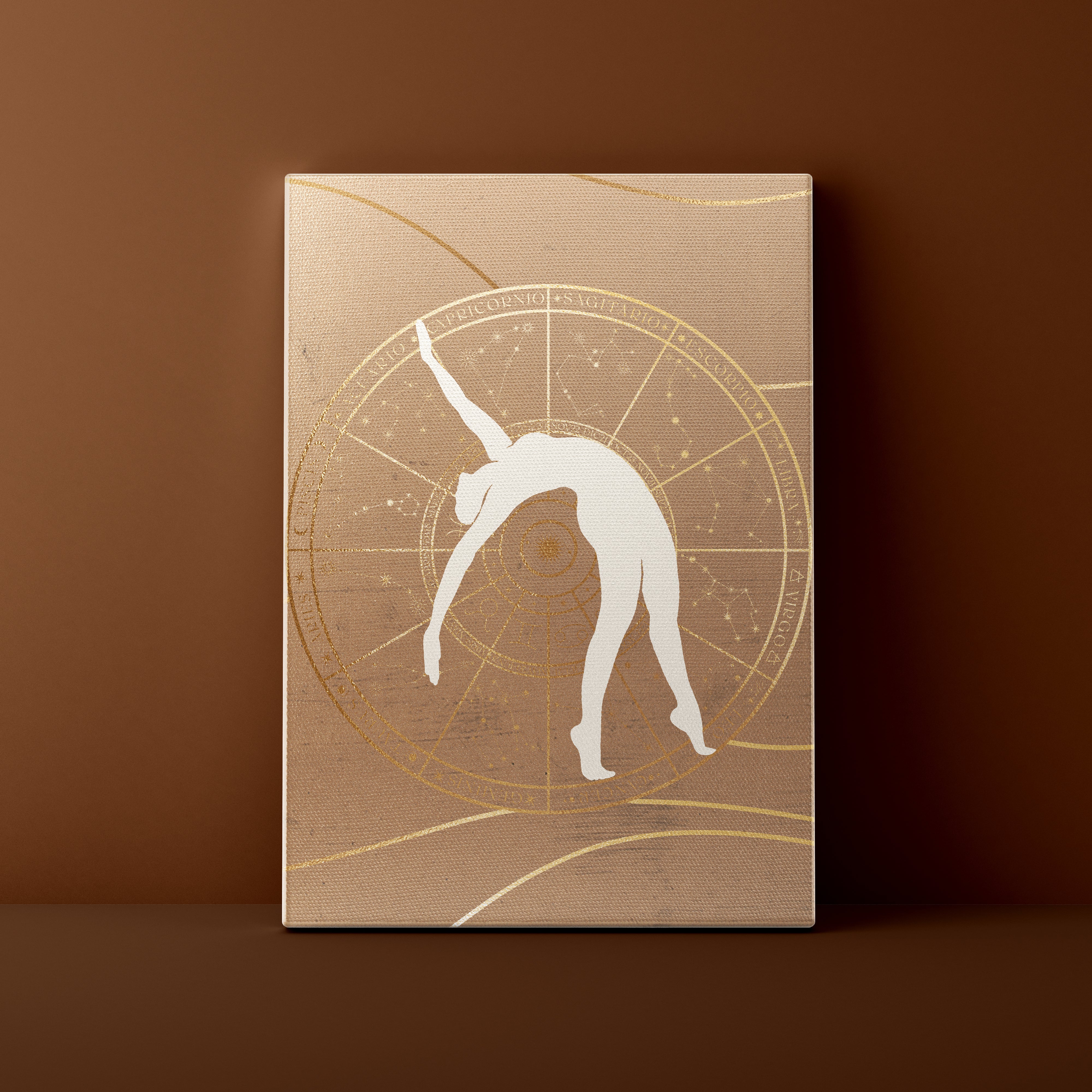Beige notebook with white silhouette of a person in a yoga pose on a brown background