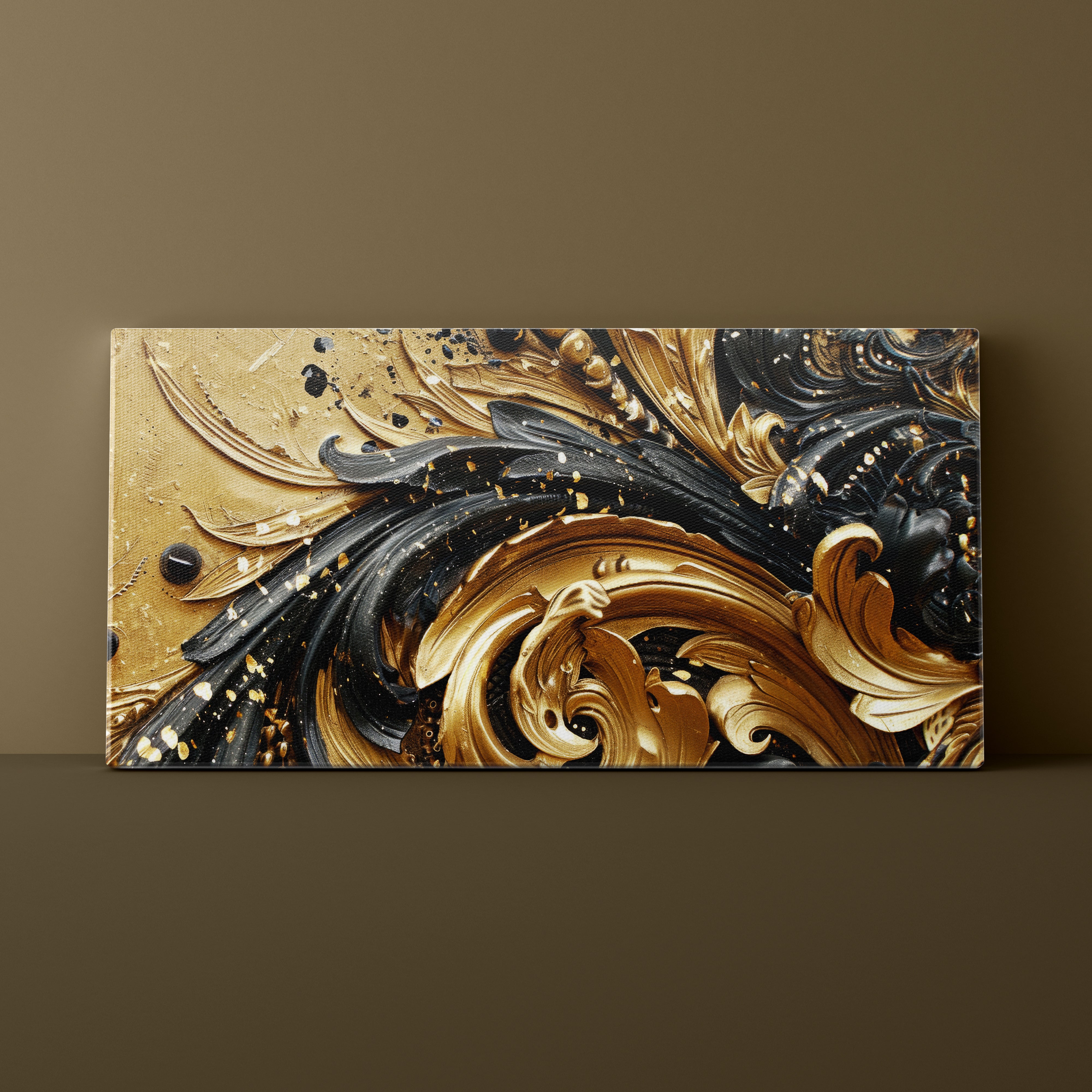Decorative panel with gold and black abstract design on a brown background
