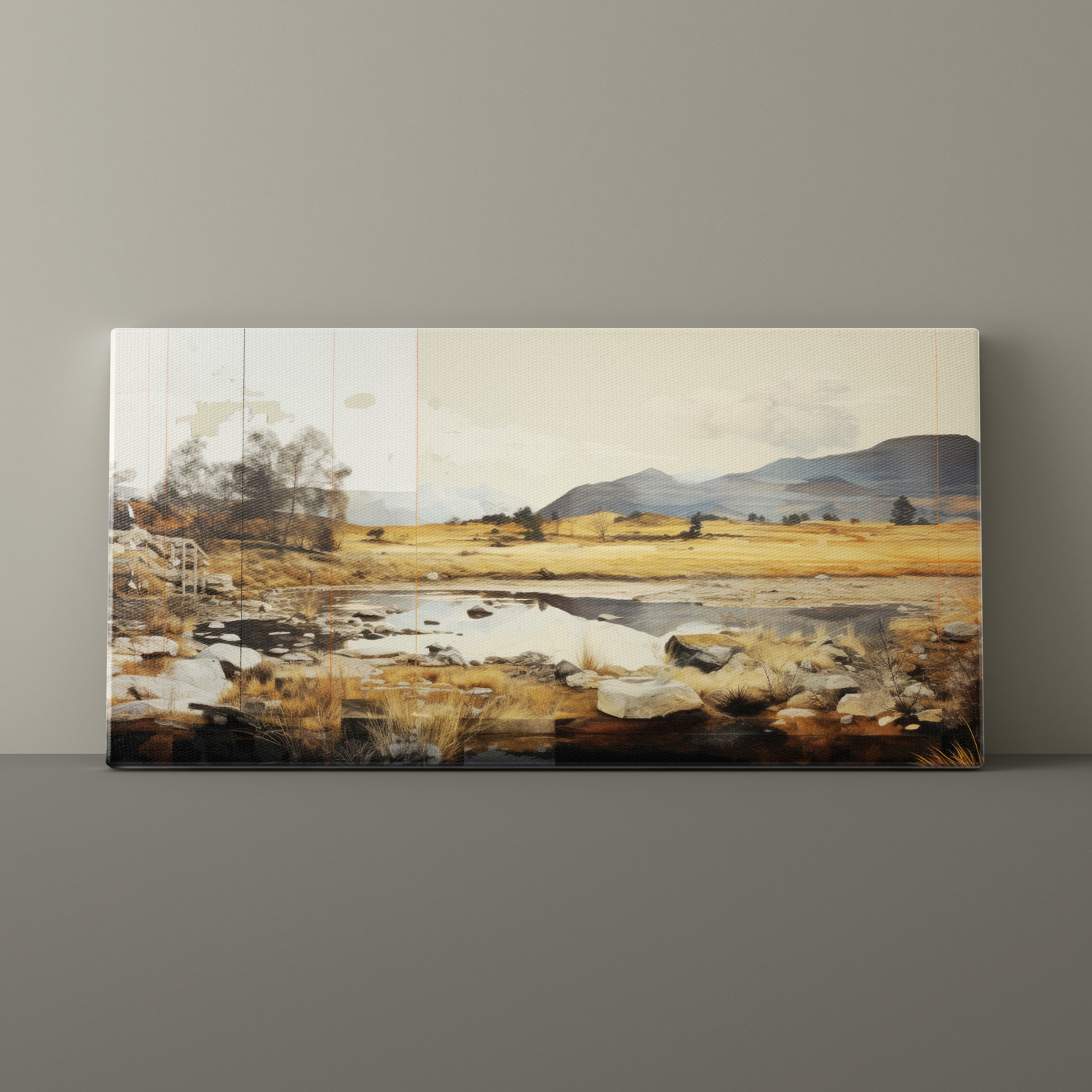 Landscape painting of a field with trees and mountains on a gray wall.
