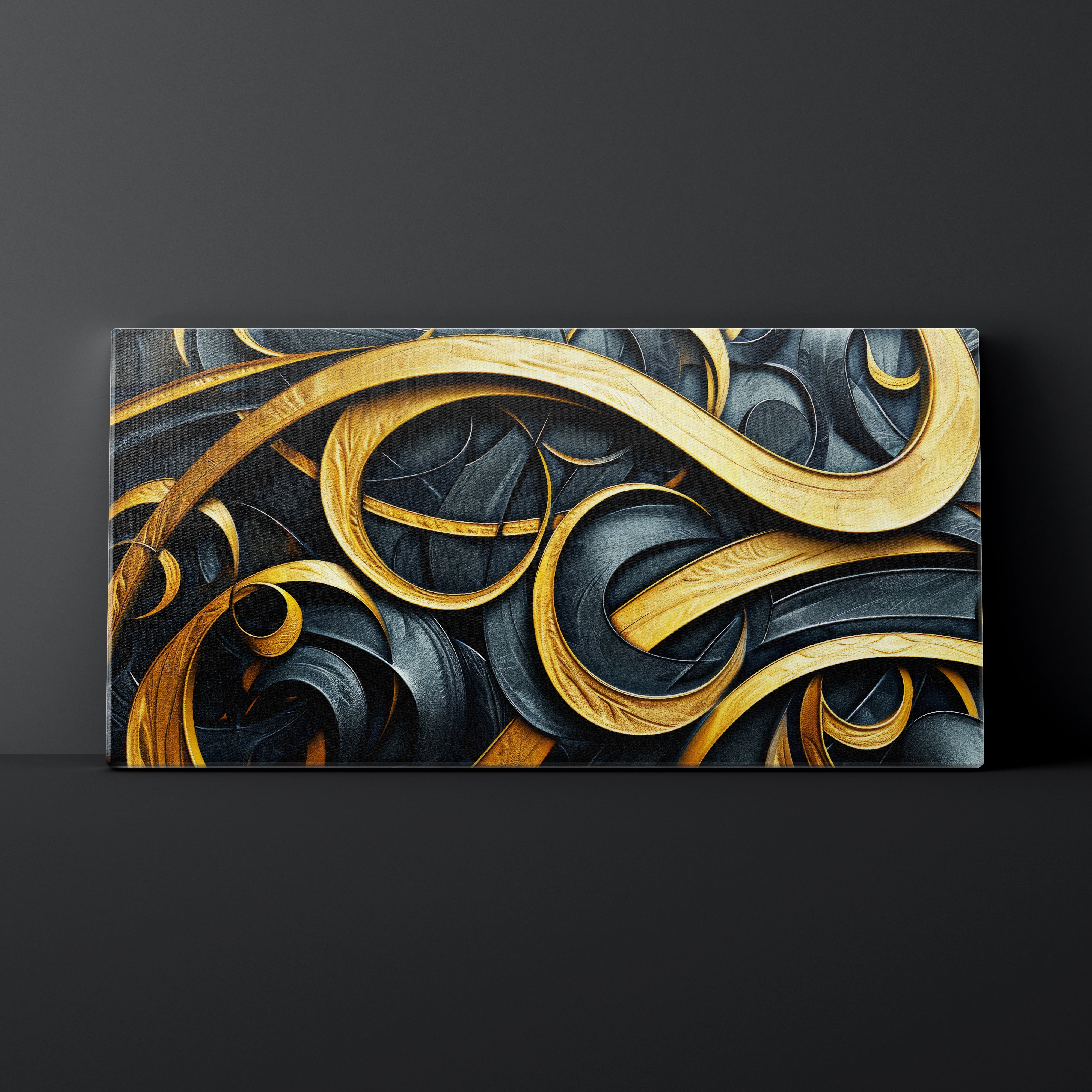 Abstract artwork with gold and black swirls on a dark background
