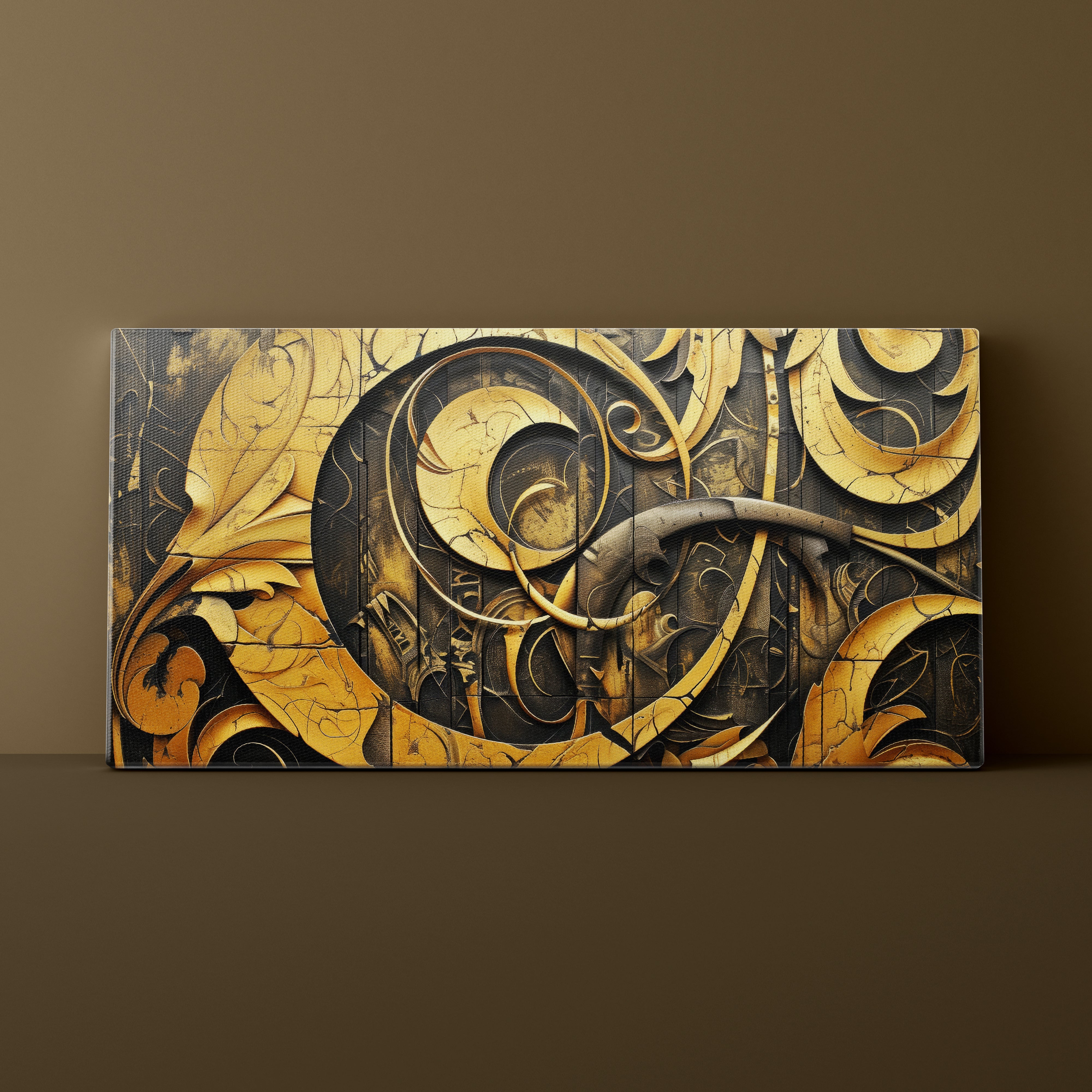 Decorative wall art with intricate gold and black design on a brown background