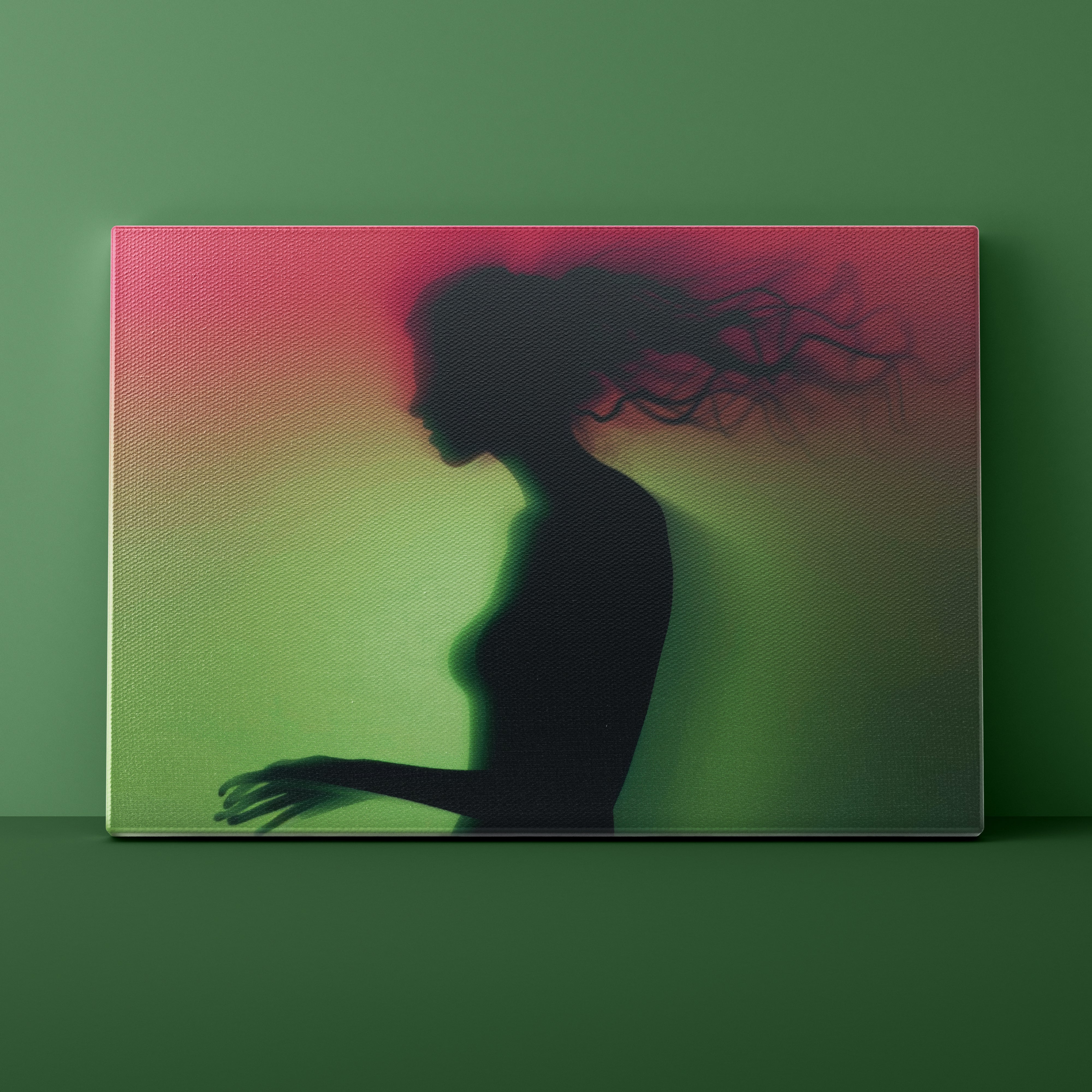 Silhouette of a person against a gradient background with pink and green colors