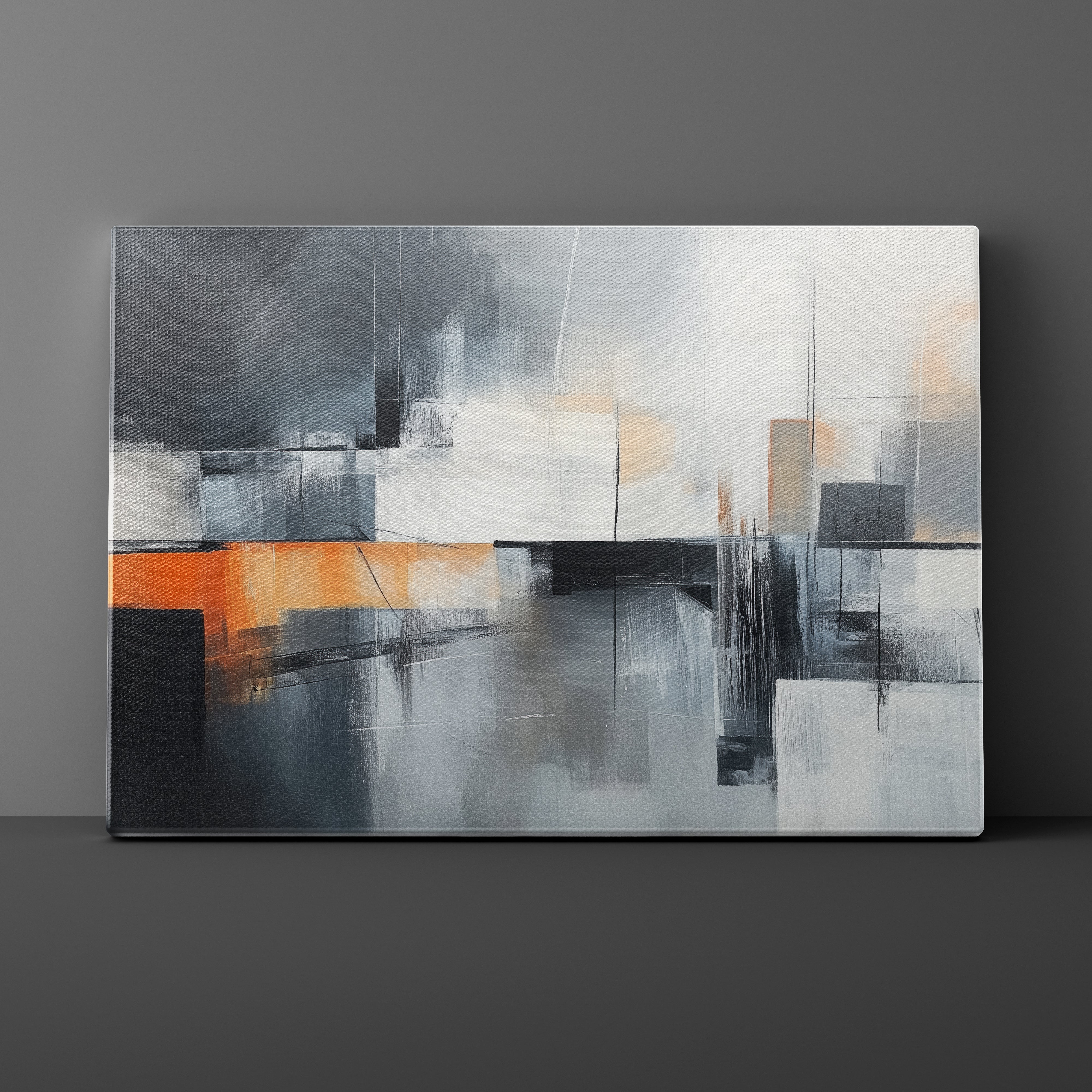 Abstract painting with geometric shapes on a gray wall