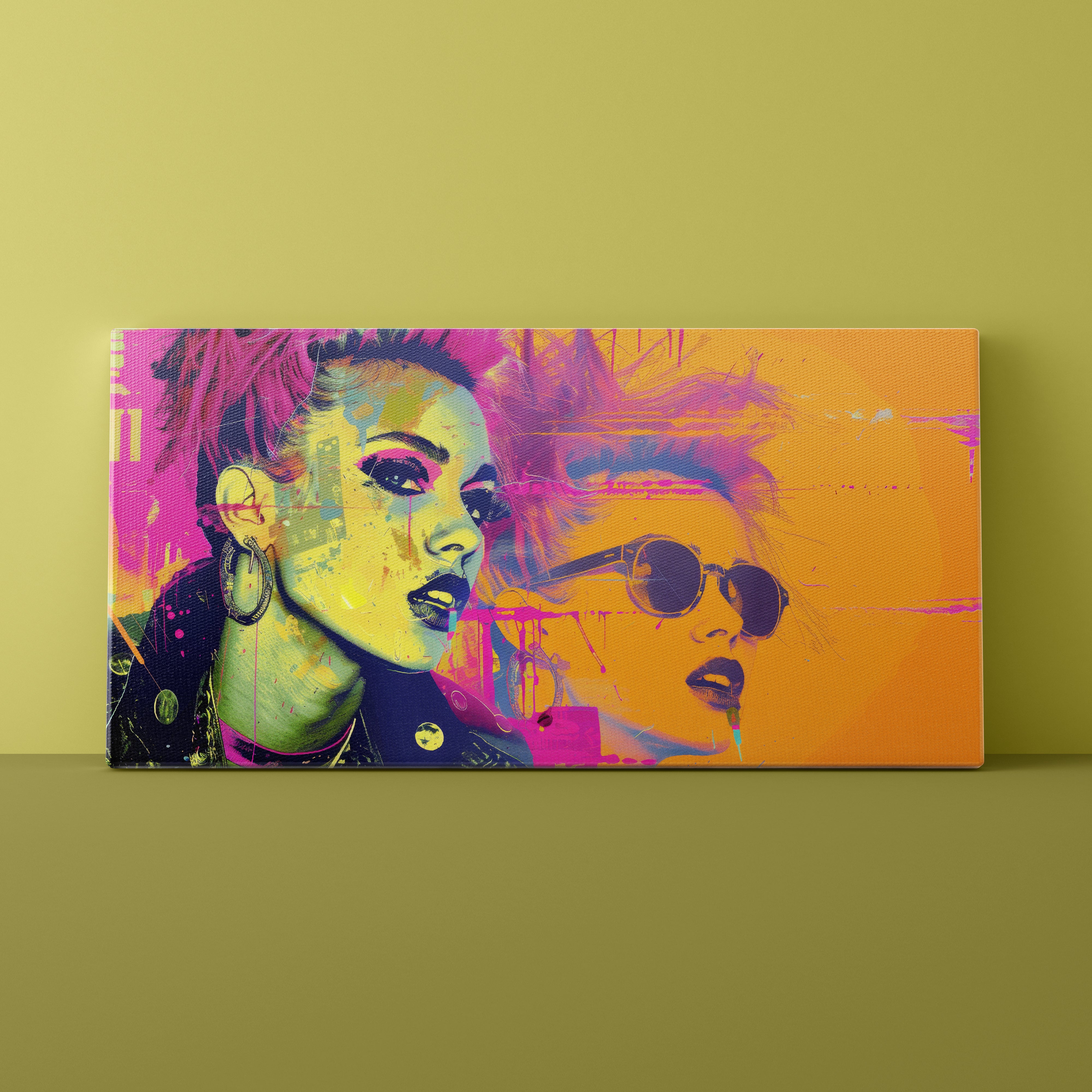 Colorful abstract art piece on a green wall