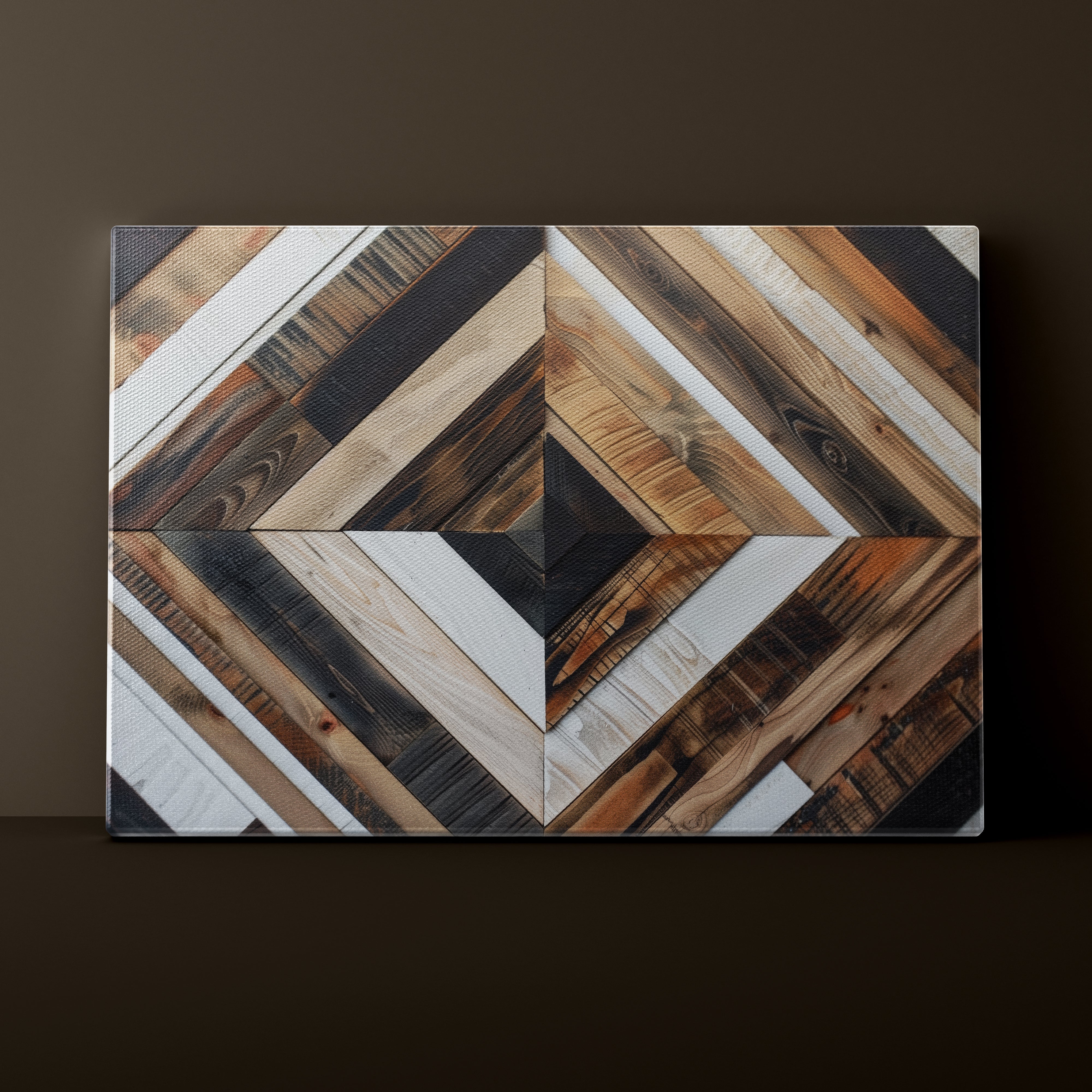 Wooden panel with geometric pattern on a dark background