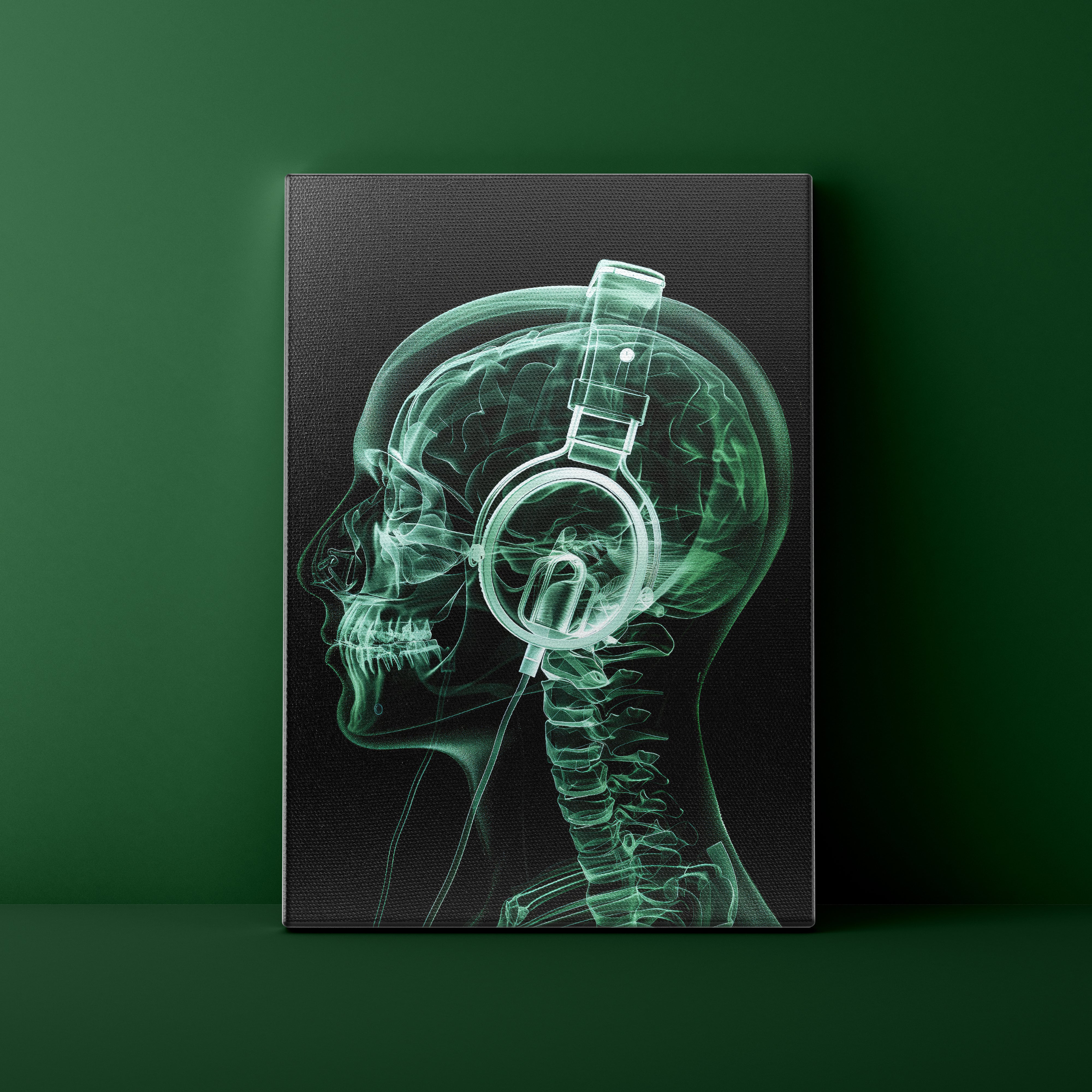 X-ray style depiction of a person wearing headphones on a dark green background