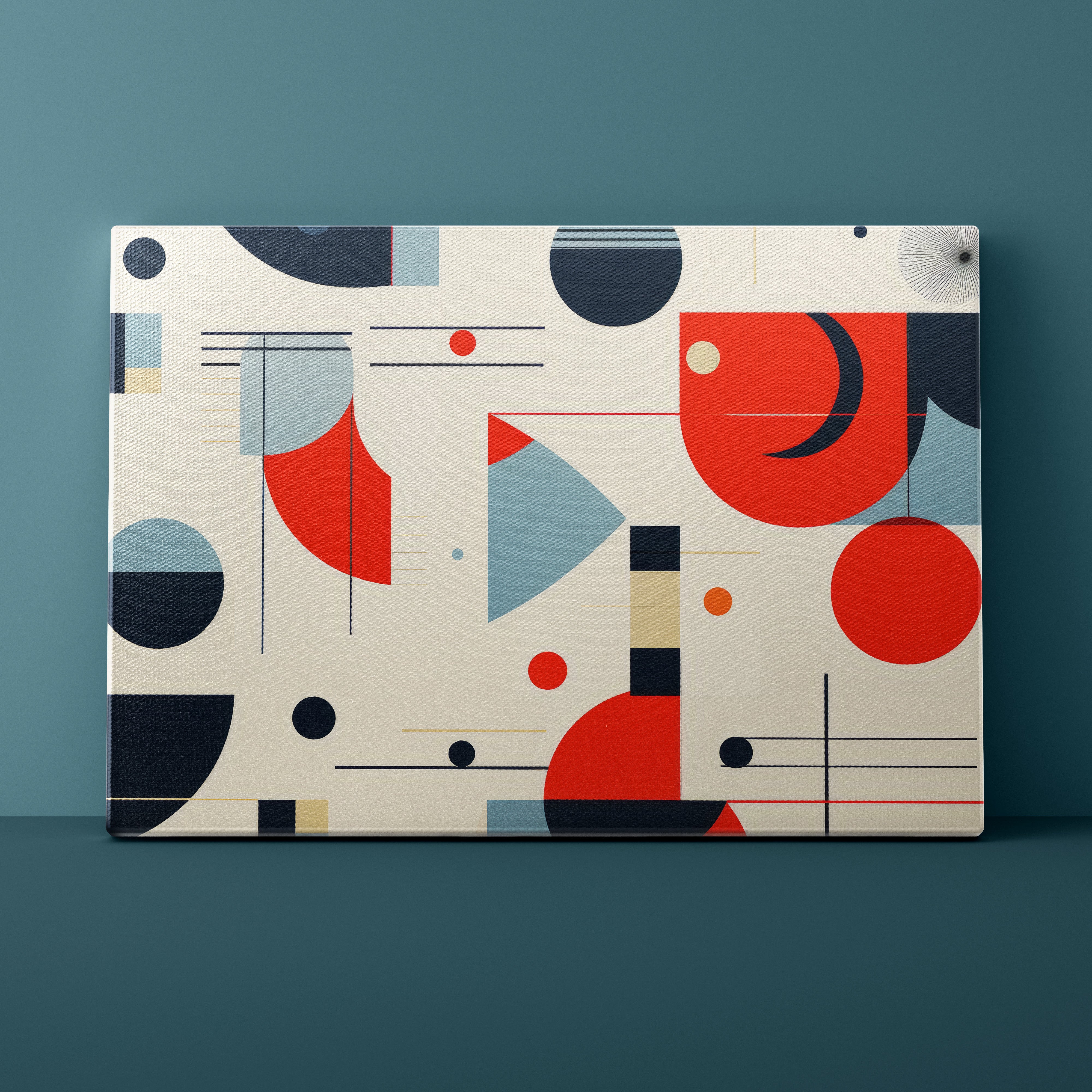 Geometric abstract design on a rectangular panel against a dark teal background