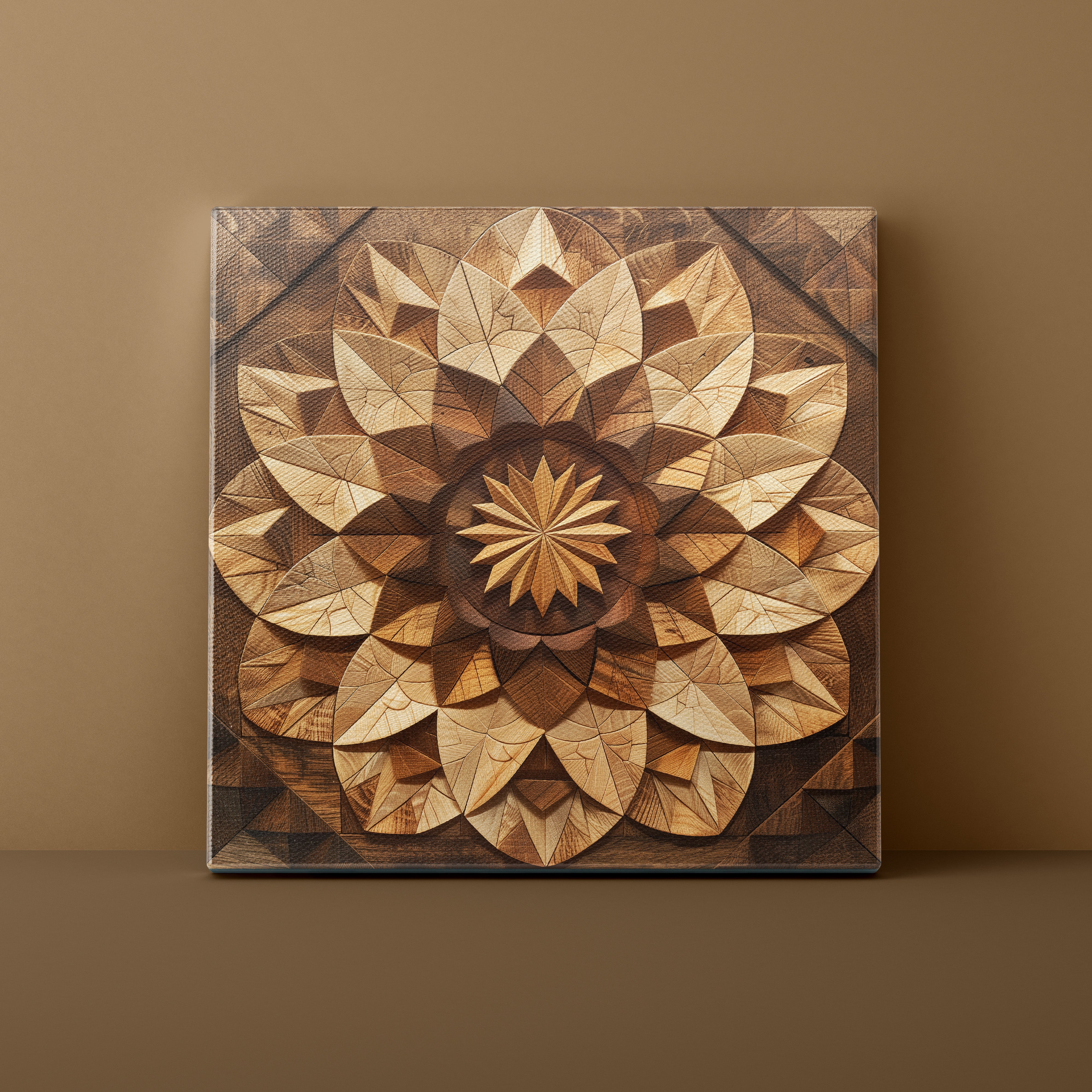 Wooden wall art with geometric pattern on a brown background