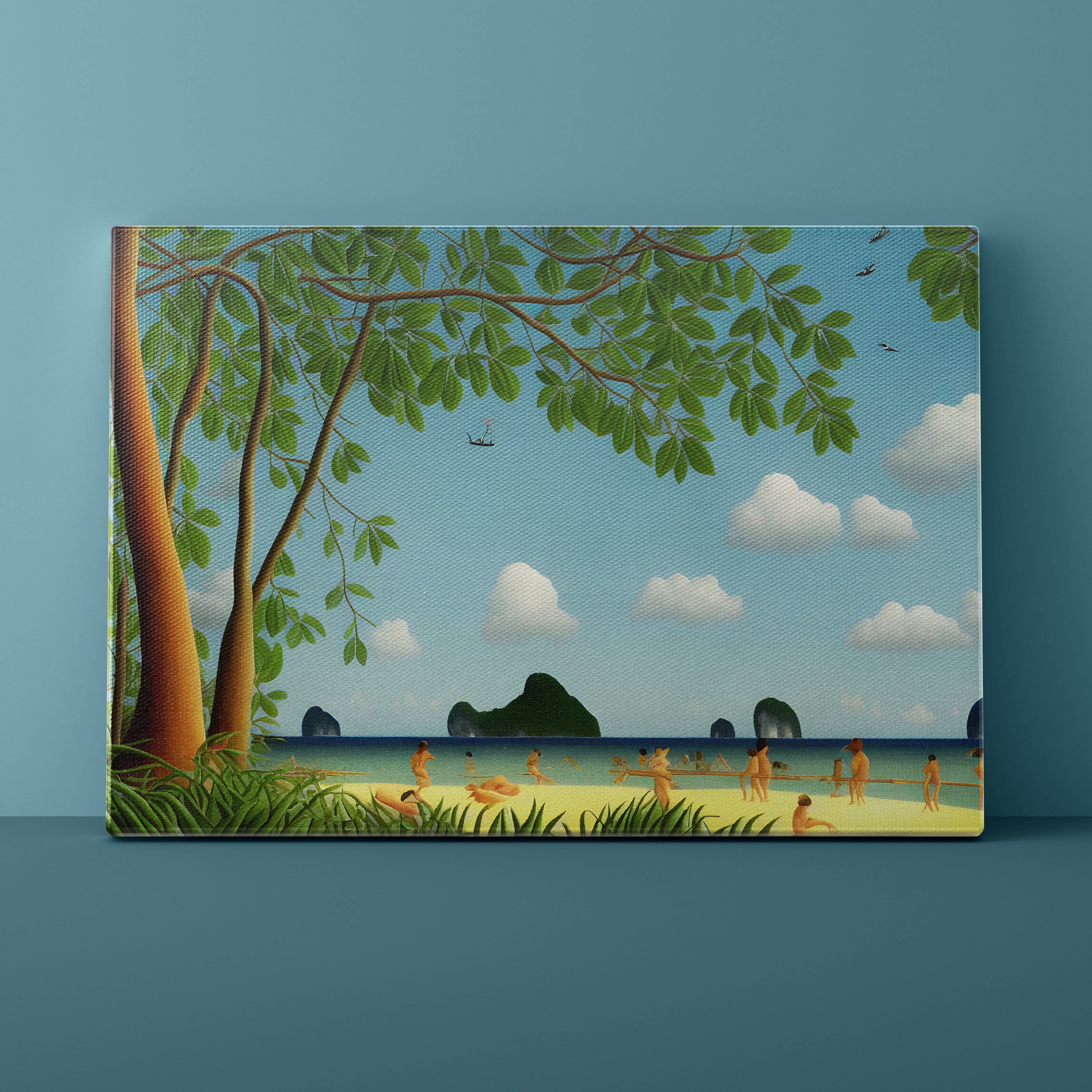 Surreal beach scene with people on a sandy shore, trees, and a blue sky with clouds.