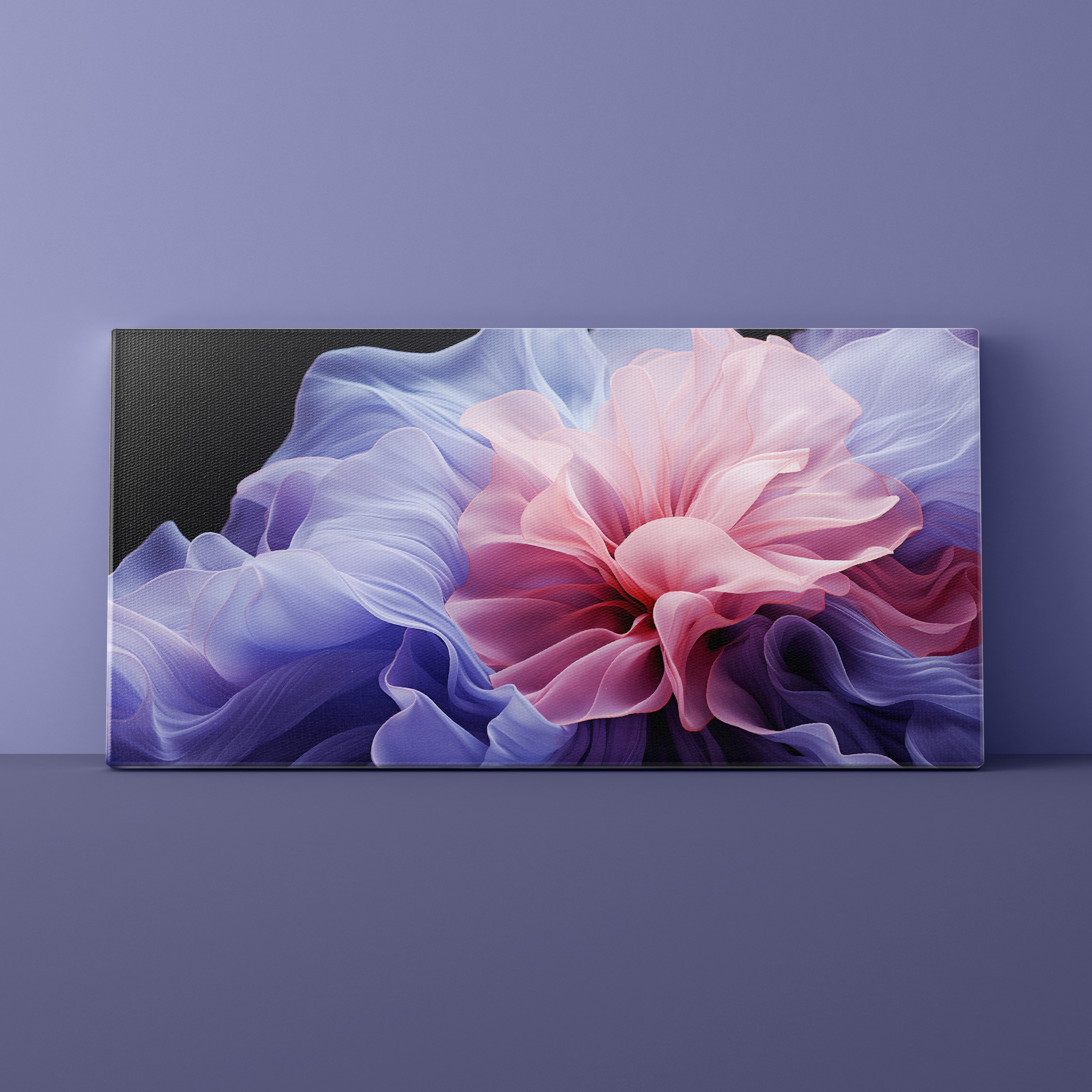 Canvas print of a pink flower with blue accents on a purple wall